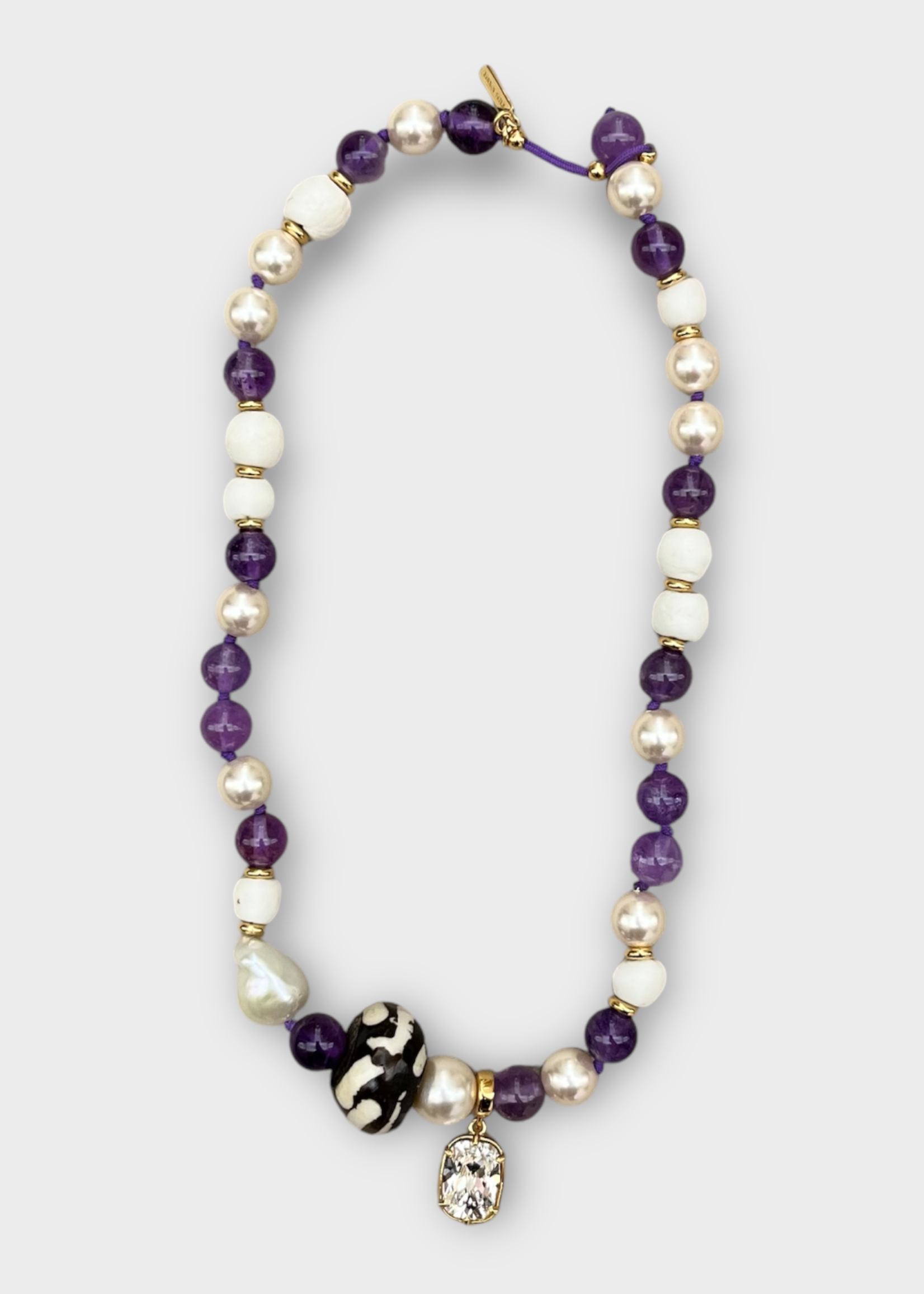 Wales Bonner Wales Bonner Necklace, Multi, Story Recycled Hand Painted Necklace In Purple & White w/ Freshwater Pearls & Swarovski Crystal Pendant