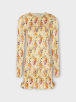 Rabanne Rabanne Dress, Print, Crew Neck Long Sleeve Light Satin Mini Dress In Yellow & Orange w/ Flower Print  & Frills