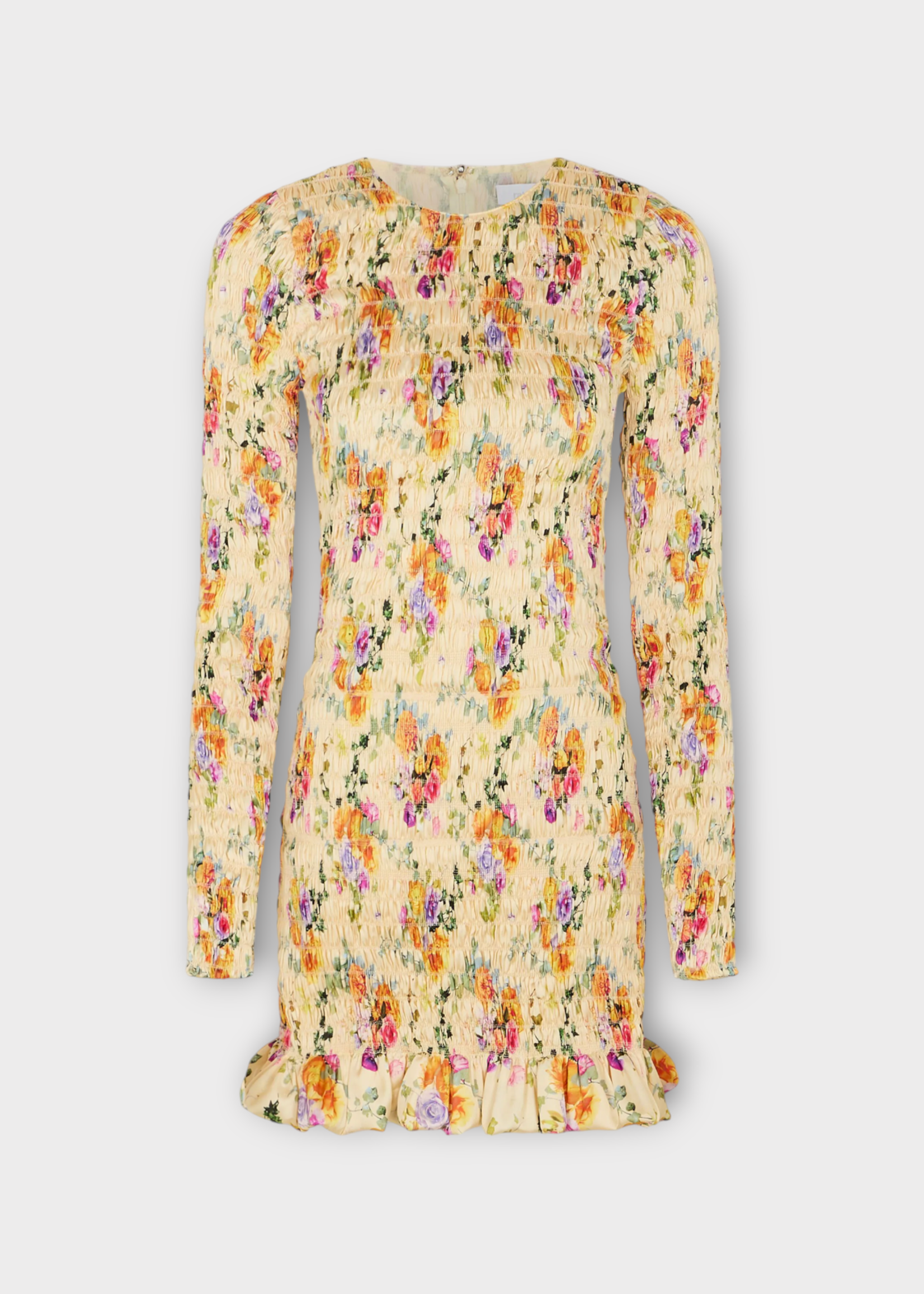 Rabanne Rabanne Dress, Print, Crew Neck Long Sleeve Light Satin Mini Dress In Yellow & Orange w/ Flower Print  & Frills