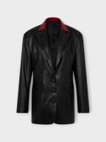 Rabanne Rabanne Jacket, Black, Lamb Leather Single Breasted Collared Blazer In Black w/ Pockets & Burgundy Details
