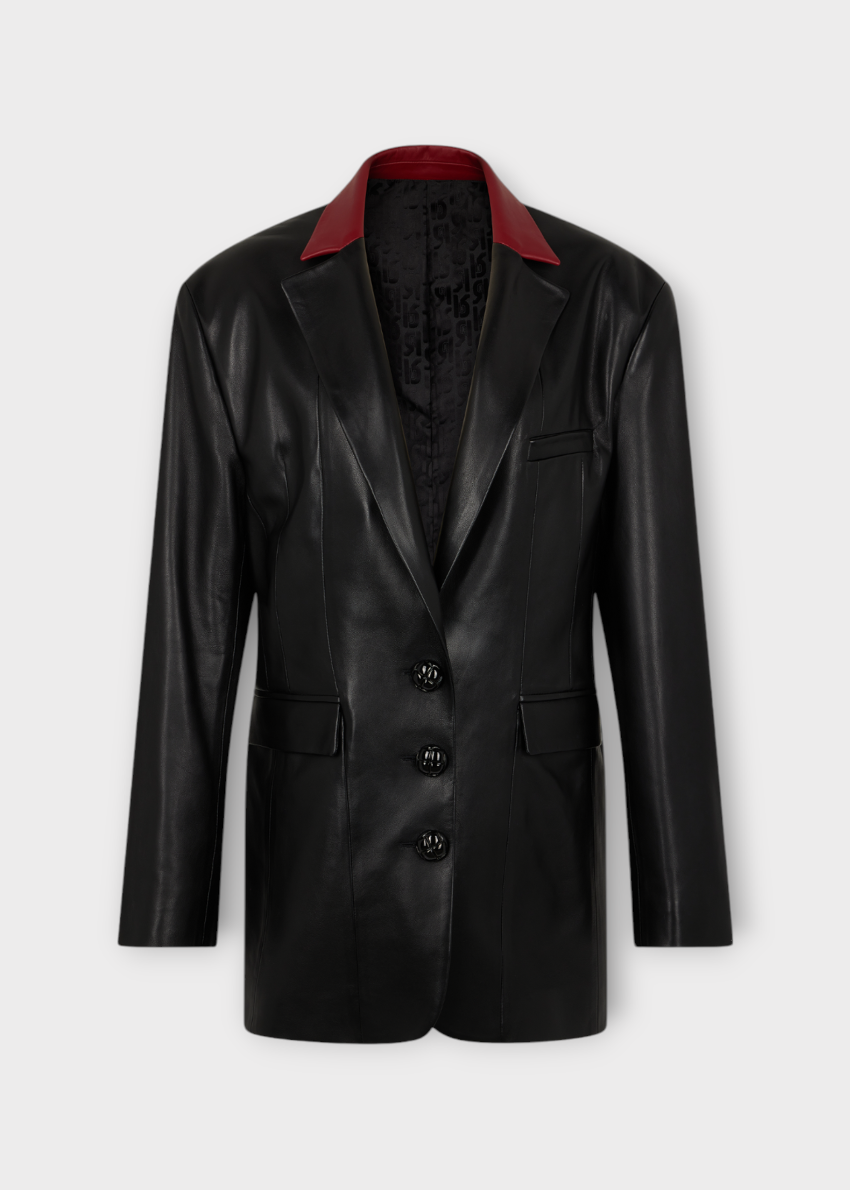 Rabanne Rabanne Jacket, Black, Lamb Leather Single Breasted Collared Blazer In Black w/ Pockets & Burgundy Details