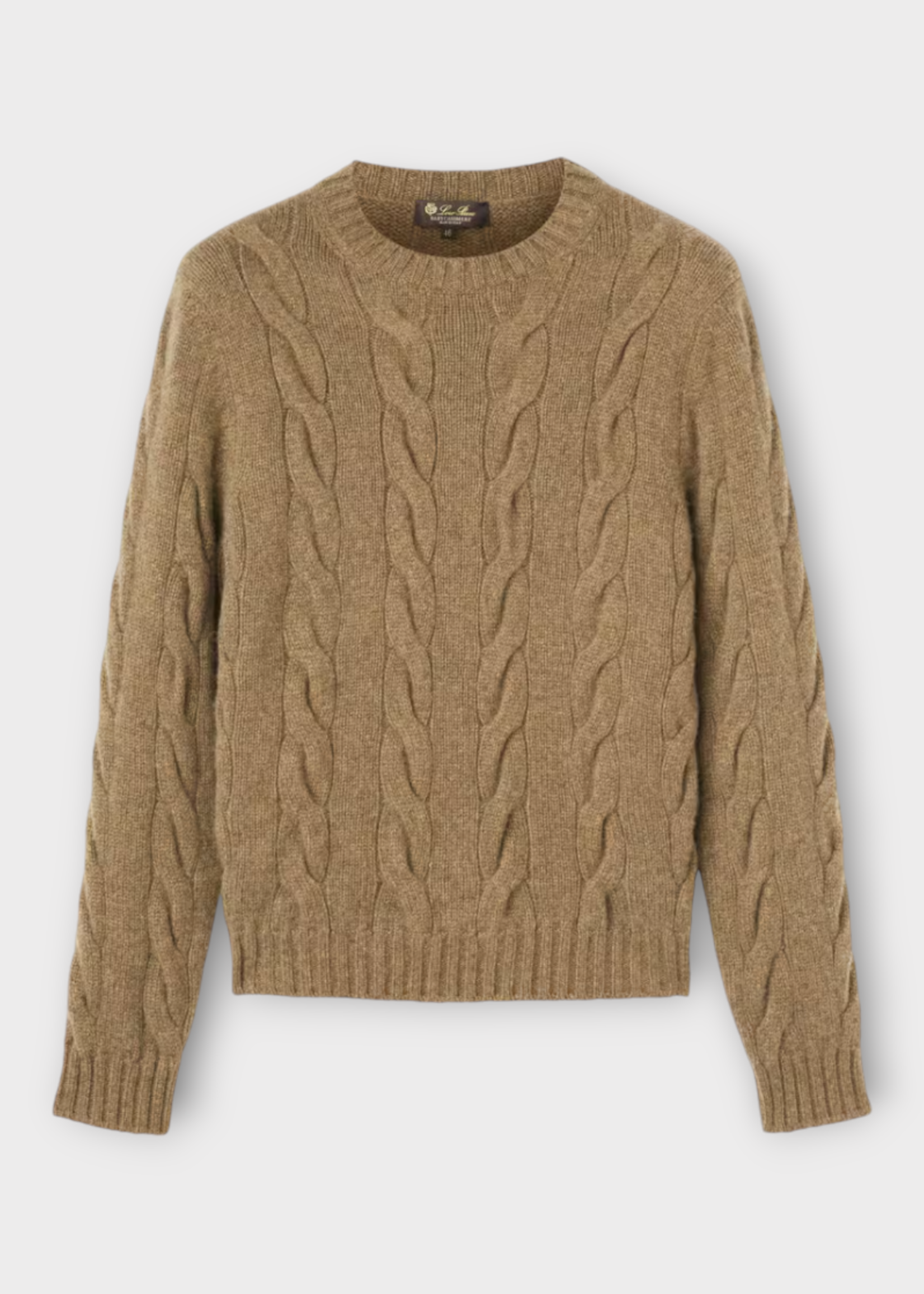 Loro Piana Loro Piana Knitwear, Brown, Napier Baby Cashmere Crew Neck Cable Knit Sweater In Tundra Melange