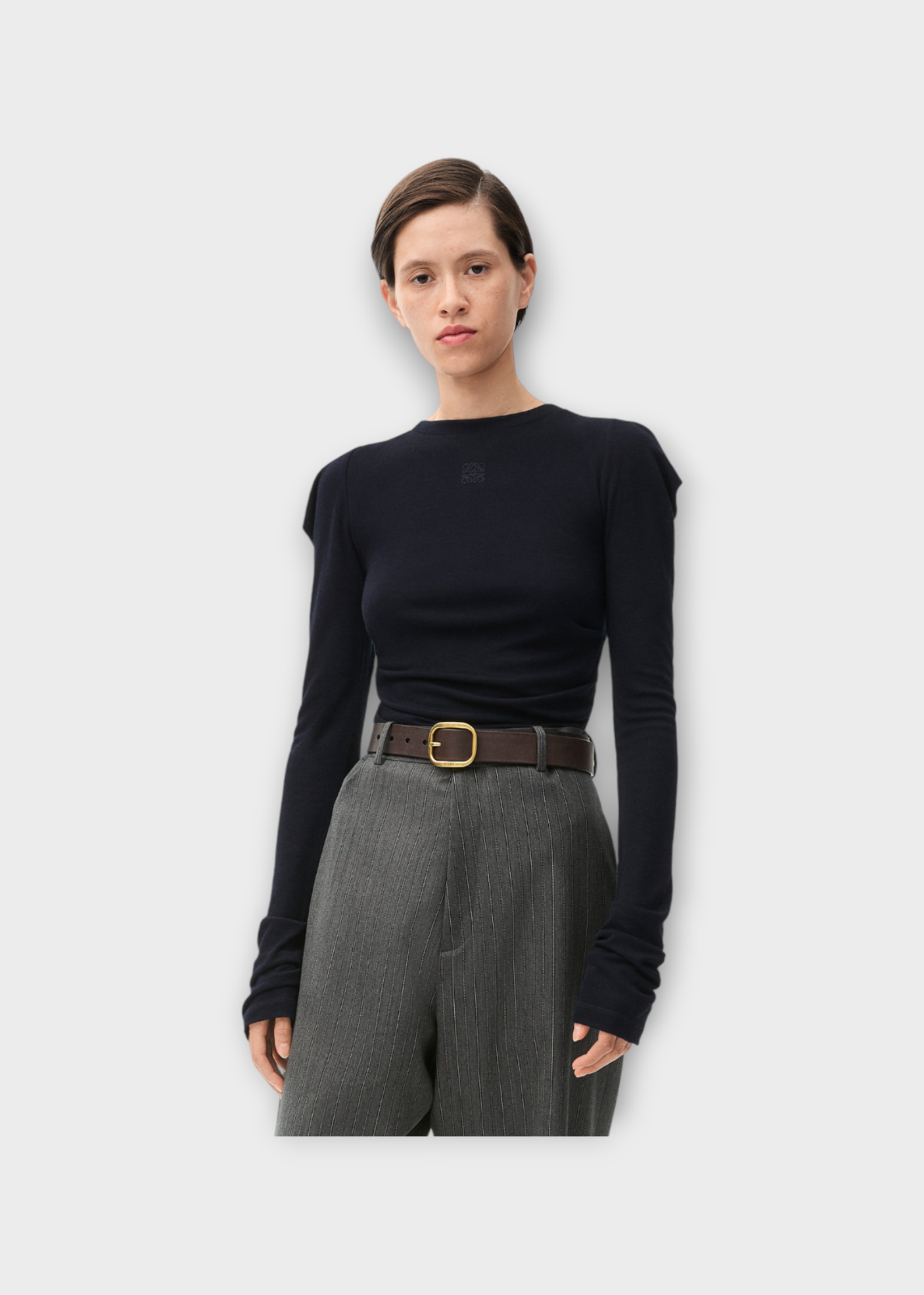 Loewe Loewe Top, Blue, Silk Mix Crew Neck Long Sleeve Top In Dark Blue