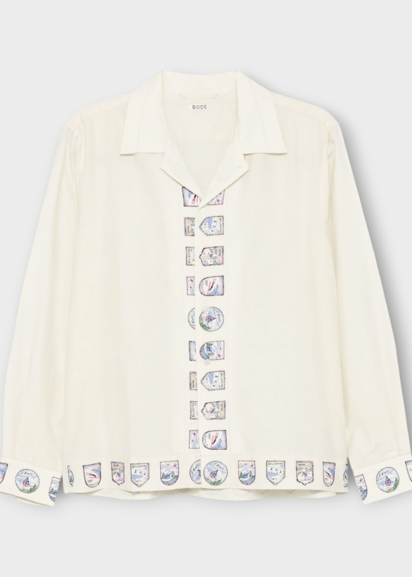 Bode Bode Shirt, Beige, Silk Ski Season Collared Shirt In Ecru w Blue Embroidery