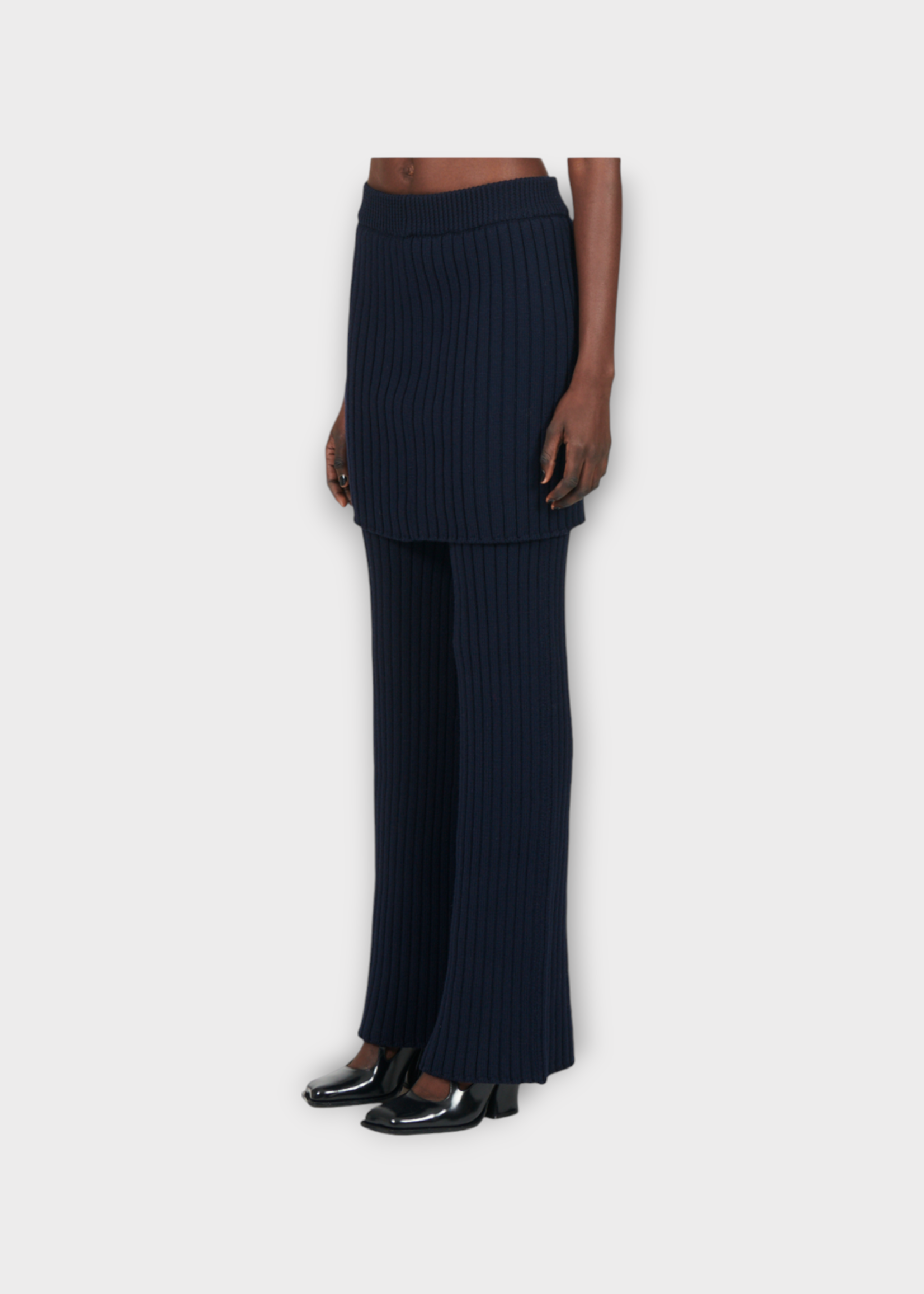 Loewe Loewe Trousers, Navy, Wool Ribbed Layered Skirt Bootcut Trousers In Navy Blue