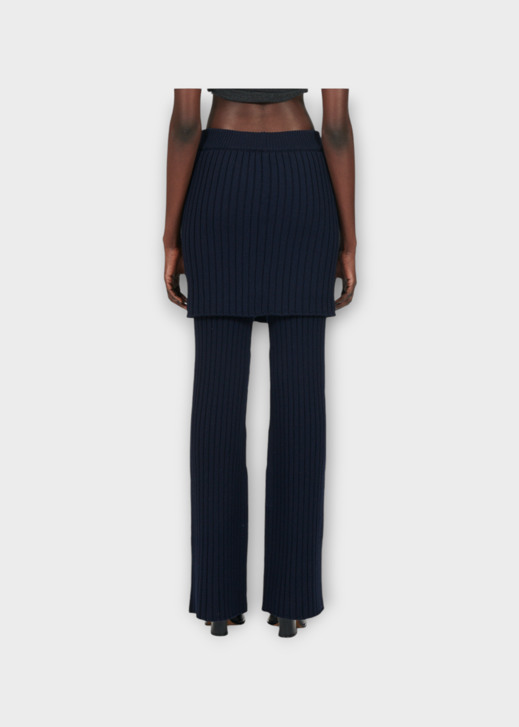 Loewe Loewe Trousers, Navy, Wool Ribbed Layered Skirt Bootcut Trousers In Navy Blue