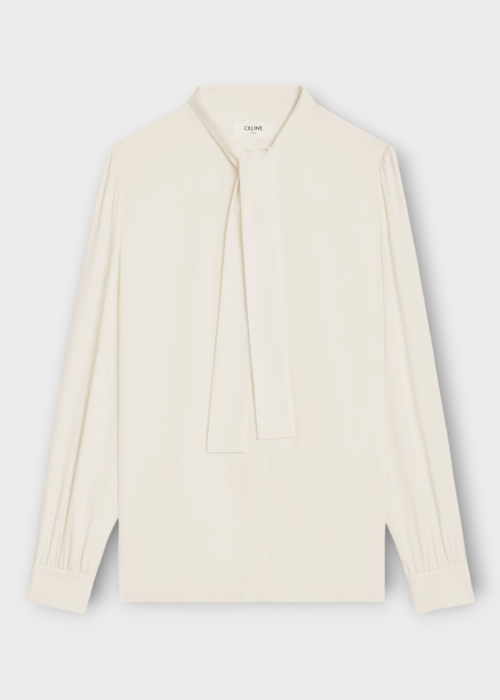 Celine Celine Shirt, White, Silk Buttoned Bow Tie Collar Shirt in Ivory