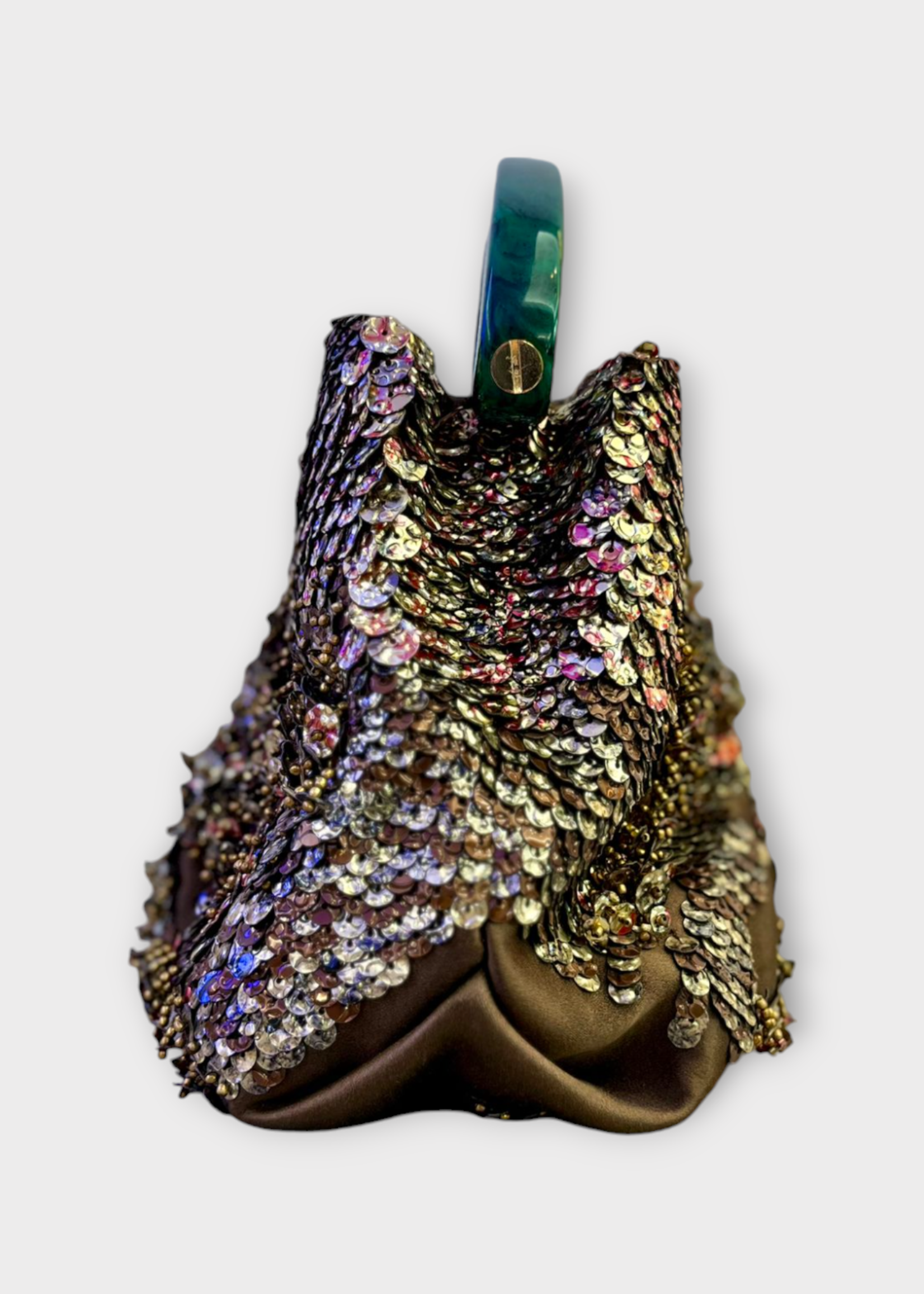 Dries Van Noten Dries Van Noten Bag, Brown, Crisp Leather & Sequins Top Handle Hand Bag In Brown w/ Embellishments & Green Top Handle