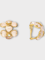 Goossens Goossens Earrings, Multi, Bo Mini 24K Gold Pleated Trefle Clip Earrings w/ Rose Quartz