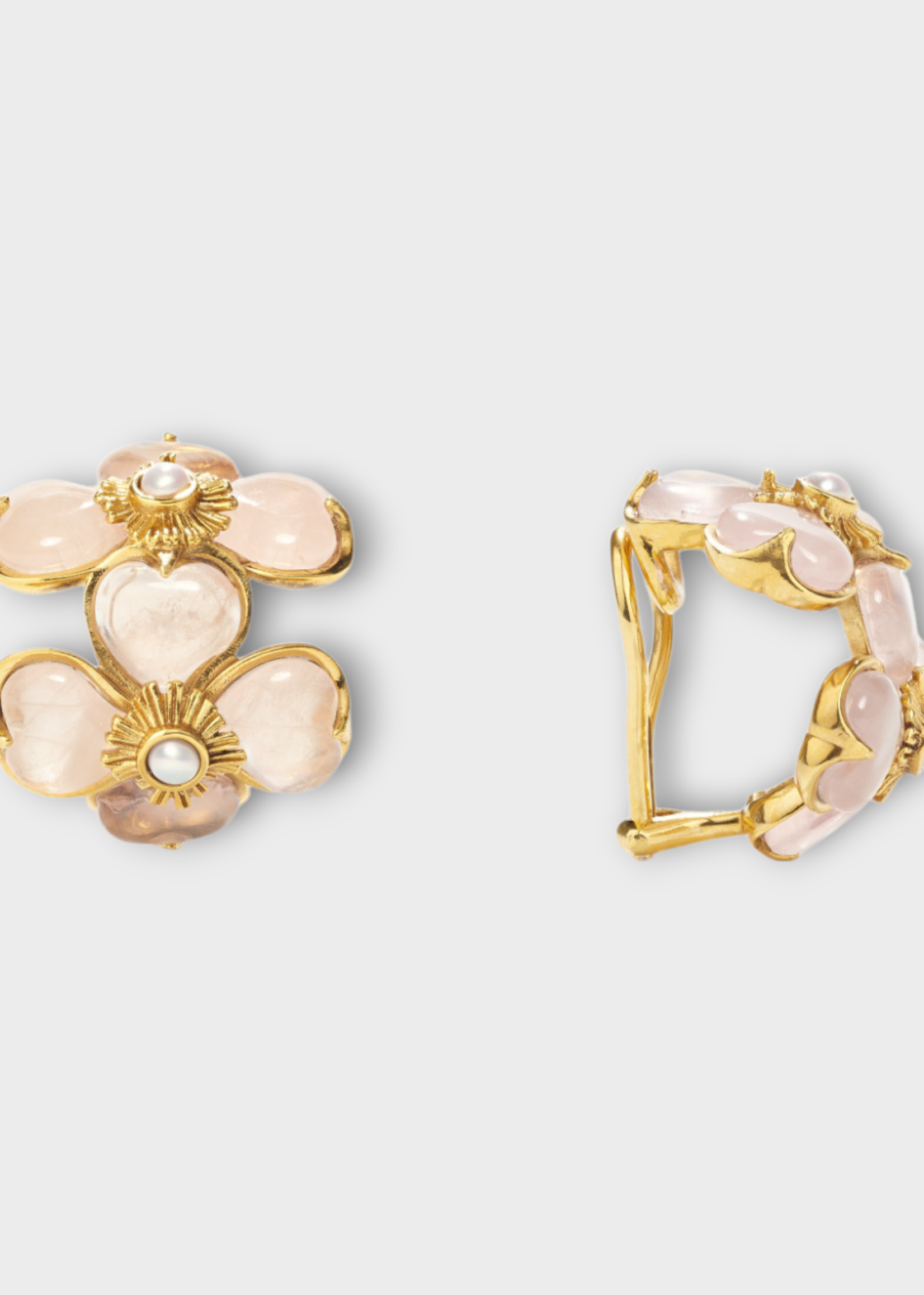 Goossens Goossens Earrings, Multi, Bo Mini 24K Gold Pleated Trefle Clip Earrings w/ Rose Quartz