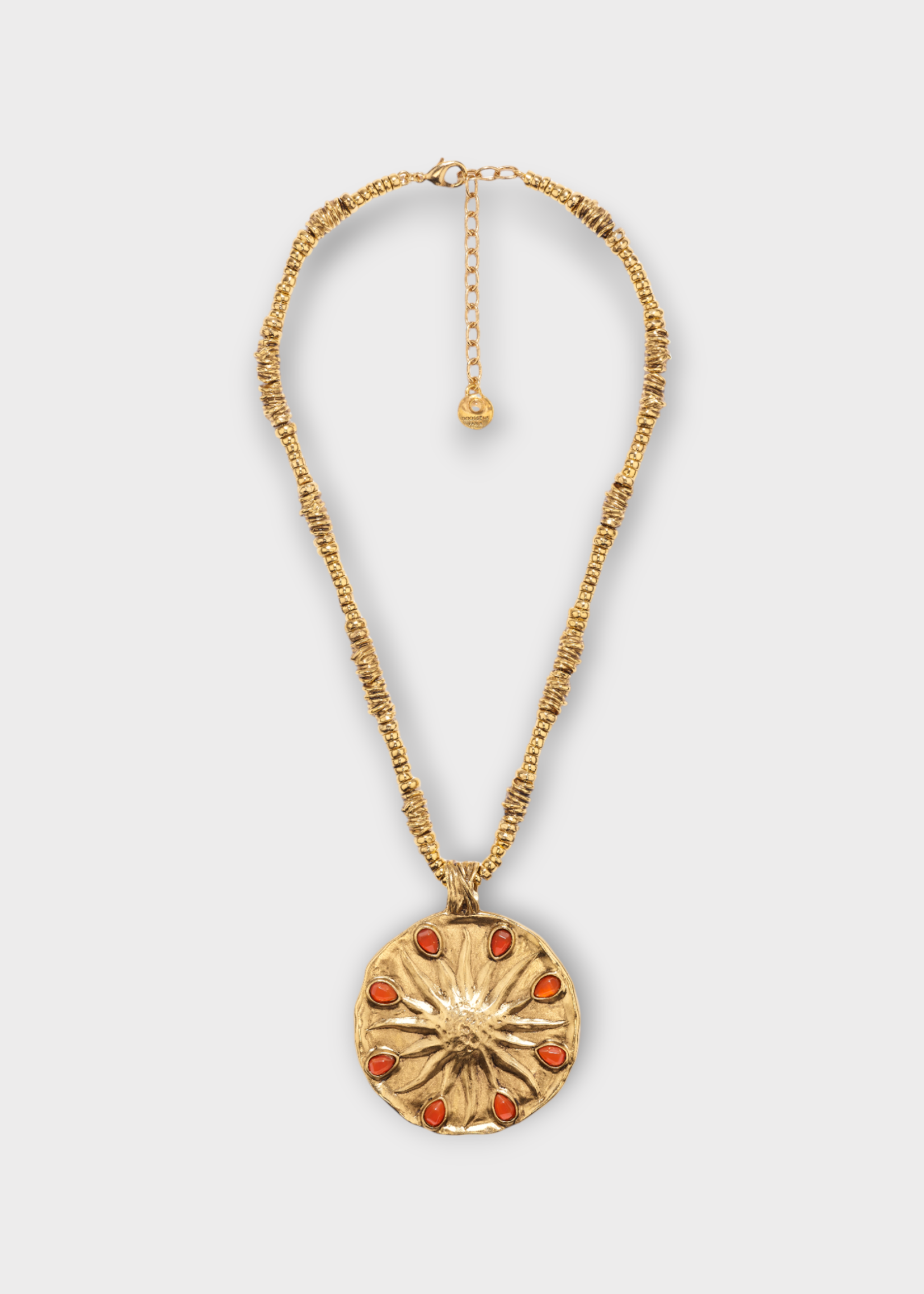 Goossens Goossens Necklace, Multi, Astro Sun & Moon Double Sided 24K Gold Pleated Necklace In Yellow Gold w/ Red Cornelian Stones