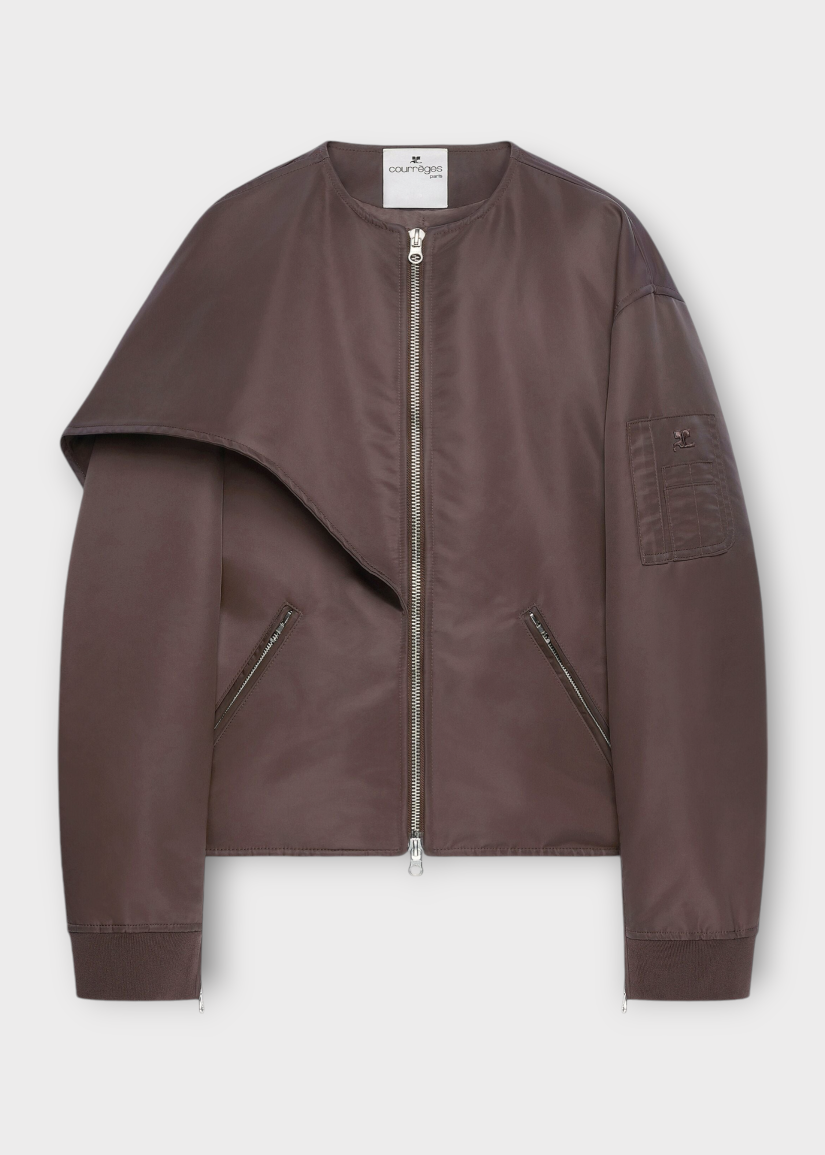 Courreges Courreges Jacket, Brown, Oversized Bow Collar Zipped Nylon Bomber Jacket In Chocolate