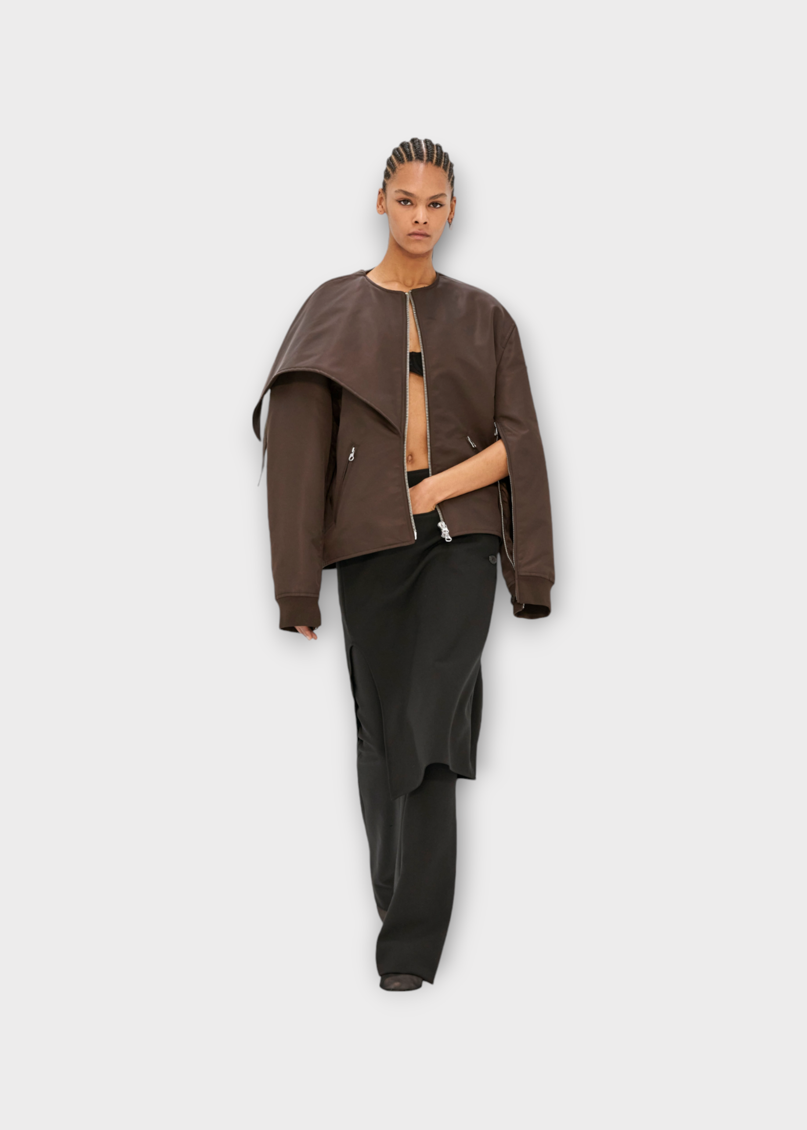 Courreges Courreges Jacket, Brown, Oversized Bow Collar Zipped Nylon Bomber Jacket In Chocolate