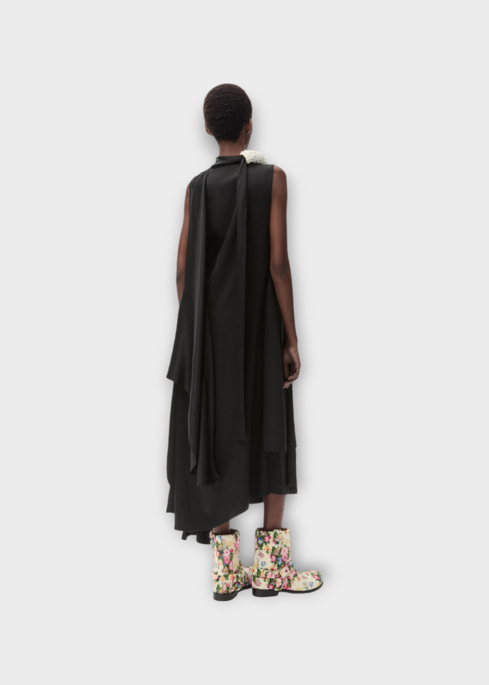 Loewe Loewe Dress, Black, Silk Asymmetric Sleeveless Ruffled Midi Dress In Black w/ Pearl embroidery & Scarf
