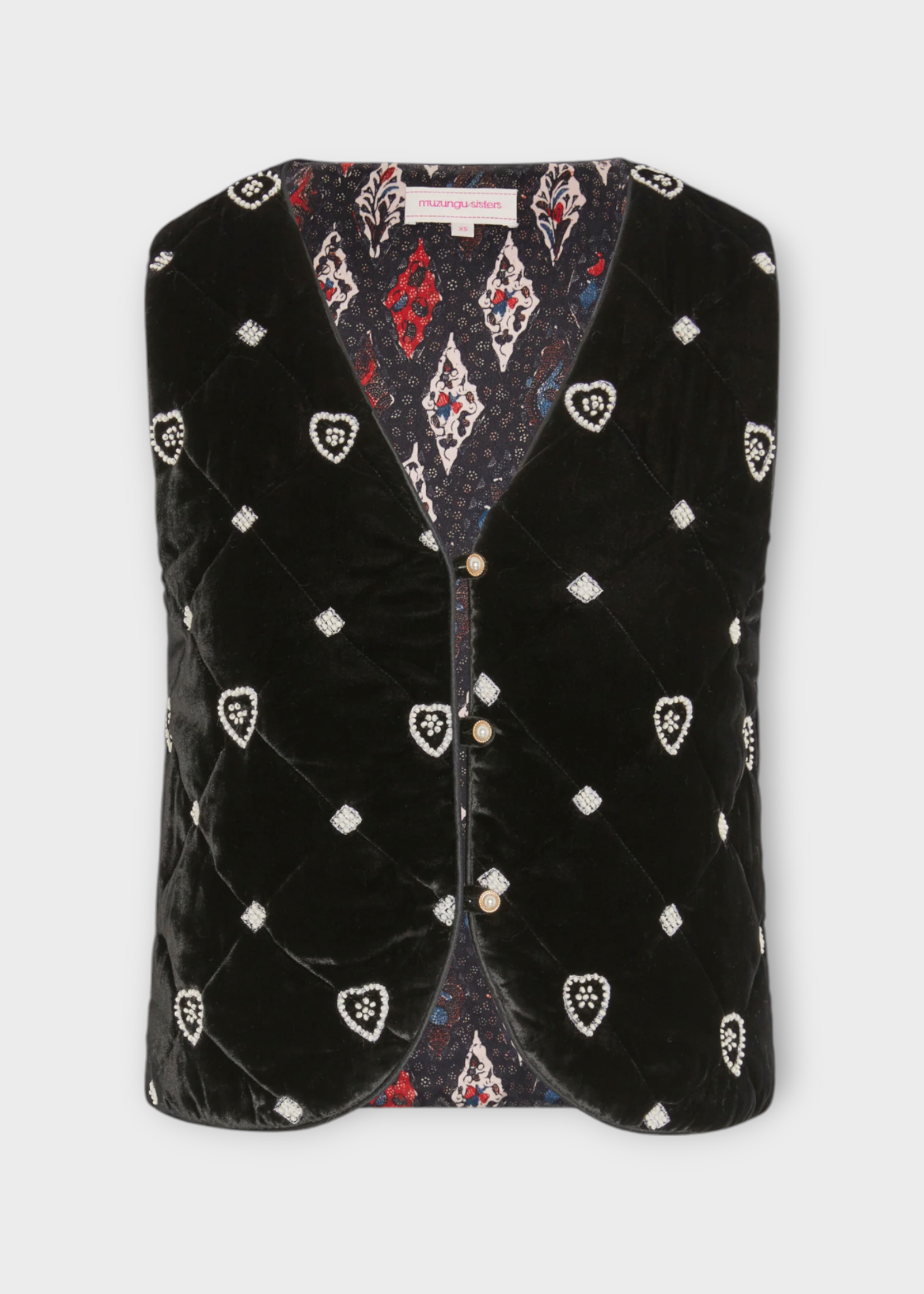Muzungu Sisters Muzungu Sisters Jacket, Black, Gigi Velvet V-Neck Padded Gilet In Black w/ All Over Beaded Heart Embroidery