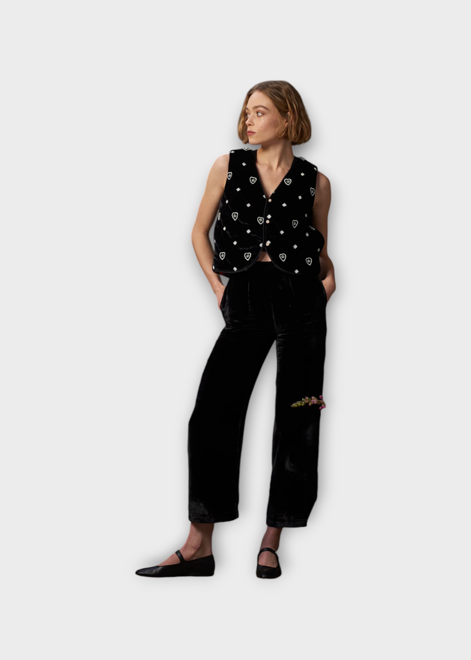 Muzungu Sisters Muzungu Sisters Jacket, Black, Gigi Velvet V-Neck Padded Gilet In Black w/ All Over Beaded Heart Embroidery