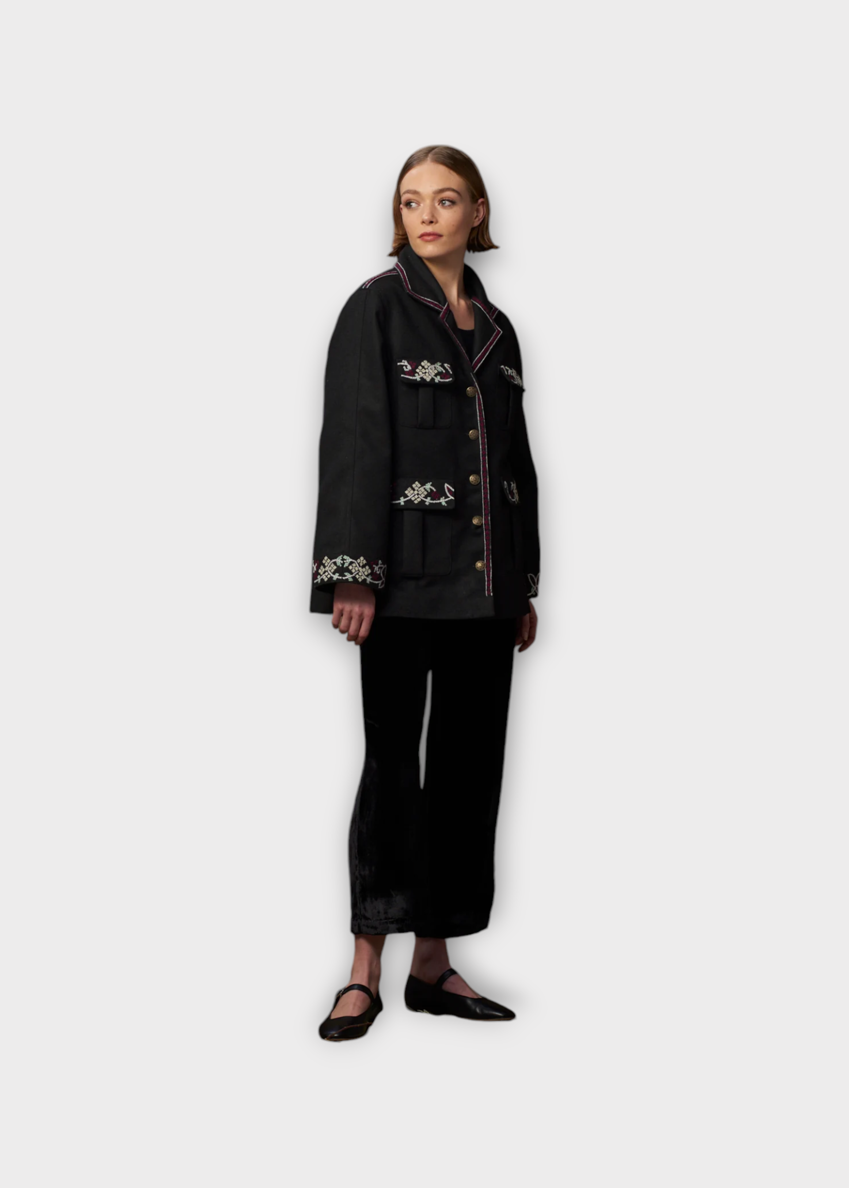 Muzungu Sisters Muzungu Sisters Jacket, Black, Dylan Wool Single Breasted Buttoned Jacket In Black w/ Hand Embroidered Motifs