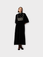 Muzungu Sisters Muzungu Sisters Dress, Multi, Lydia Dress Silk Wool & Velvet Embroidered Neck Dress In Black w/ Batik Heart Print