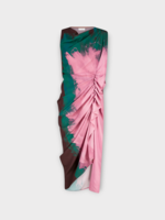 Dries Van Noten Dries Van Noten Dress, Multi, Dinam Silk Sleeveless Pleated Midi Dress In Pink w/ Multicoloured Placed Brush Strokes