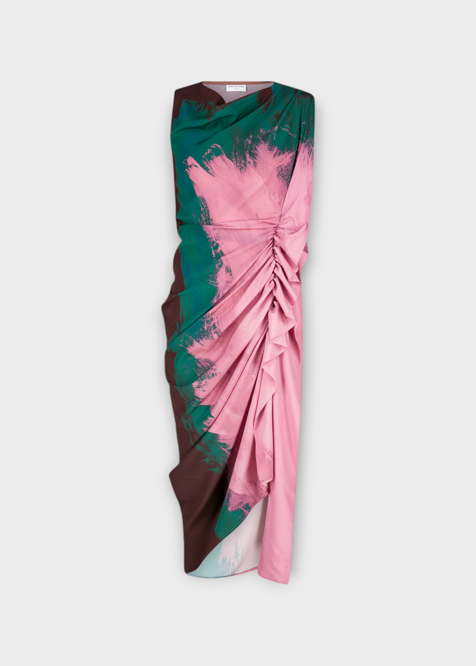 Dries Van Noten Dries Van Noten Dress, Multi, Dinam Silk Sleeveless Pleated Midi Dress In Pink w/ Multicoloured Placed Brush Strokes