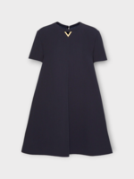 Valentino Valentino Dress, Navy, Crew Neck Short Sleeve A-Line Skirt Dress w/ ''V'' Embelishment