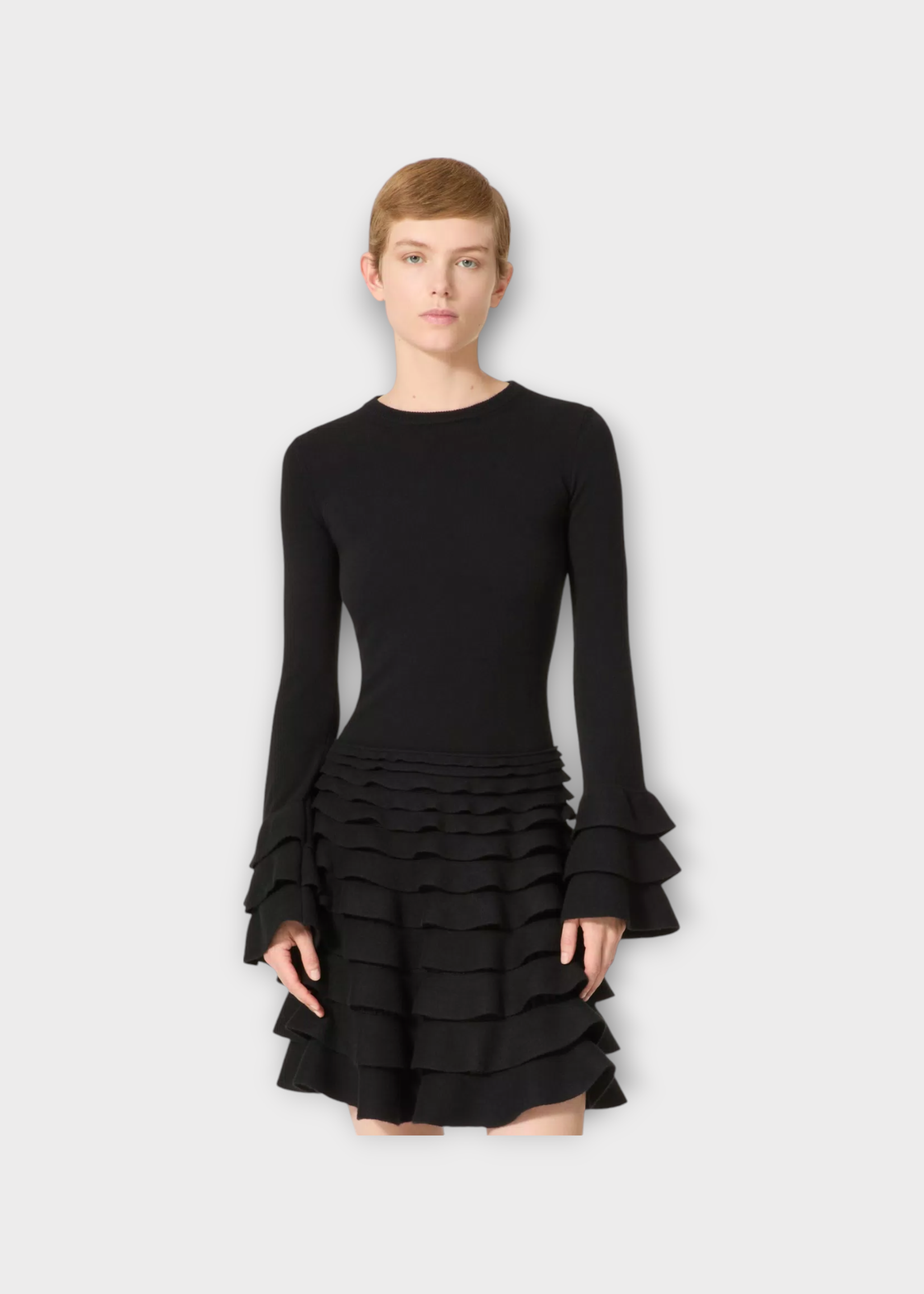 Valentino Valentino Knitwear, Black, Wool Solid Crew Neck Bell Sleeves Knitwear