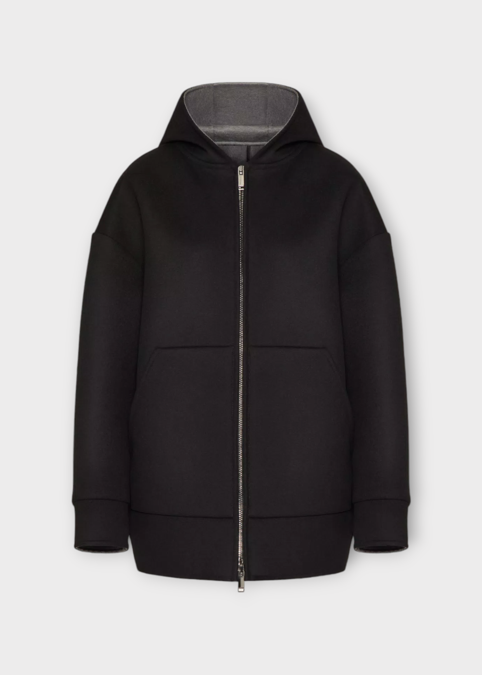 Valentino Valentino Coat, Black, Wool & Cashmere Solid Hooded Zip Up Sweatshirt