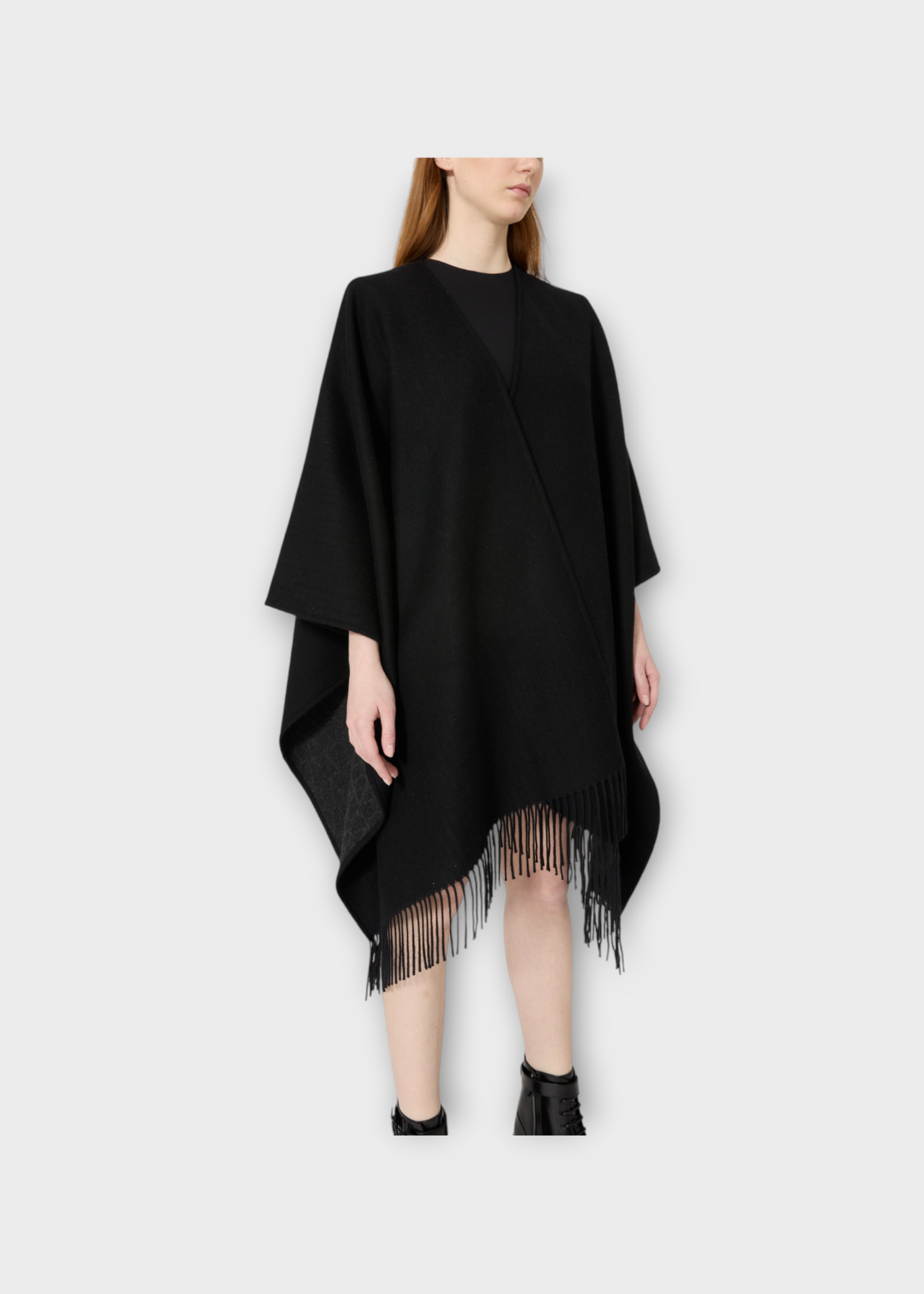 Valentino Valentino Coat, Black, Cashmere Jacquard Open Poncho w/ Fringes