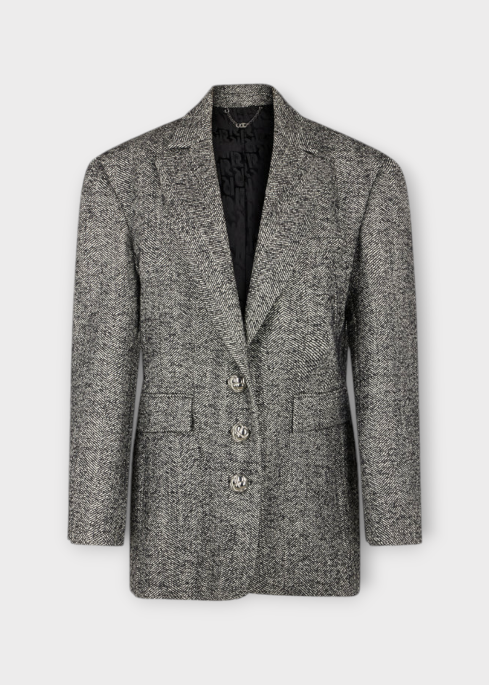 Rabanne Rabanne Jacket, Multi, Wool Heringbone Collared Single Breasted Long Blazer In Classic Chevron & Black