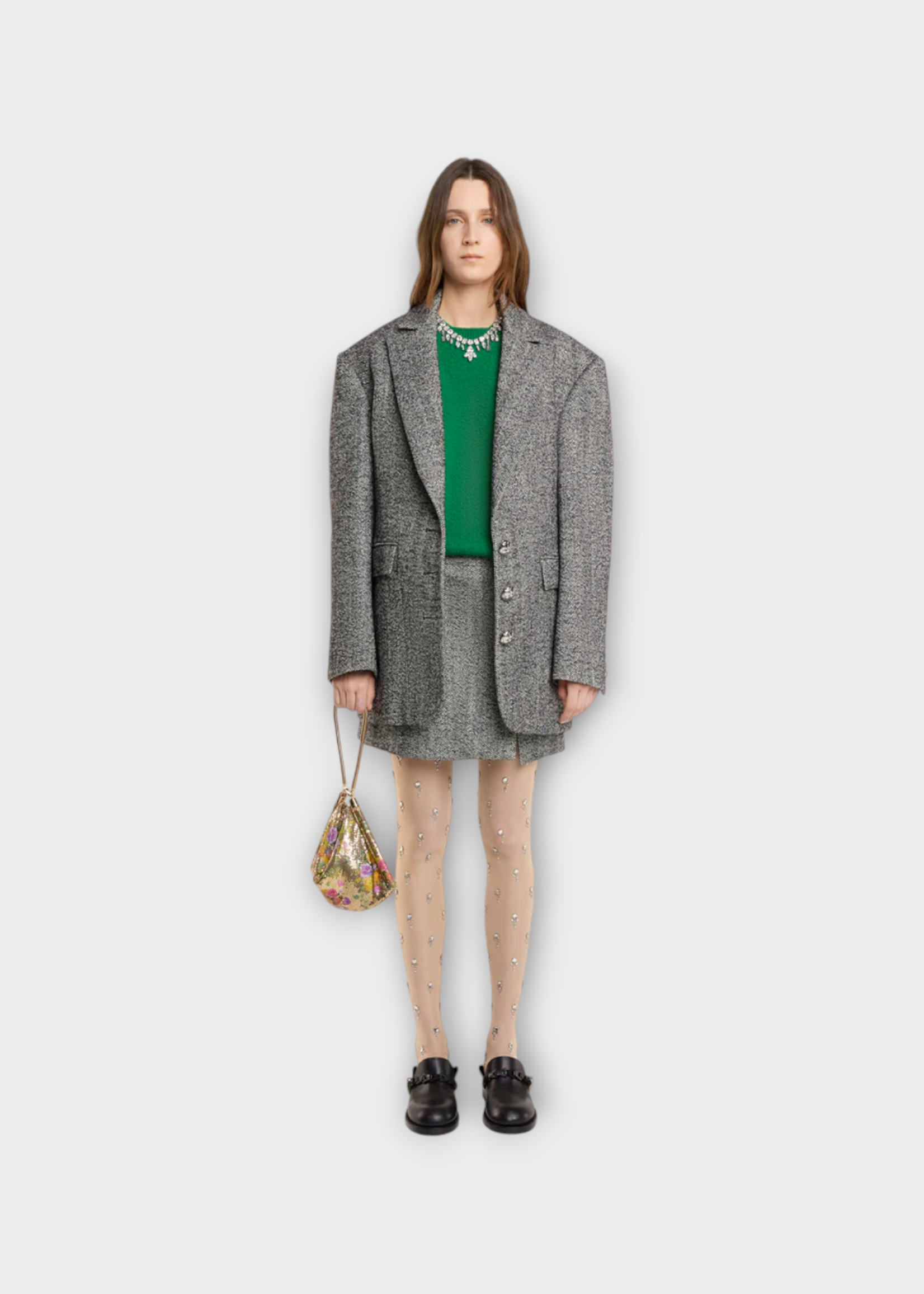 Rabanne Rabanne Jacket, Multi, Wool Heringbone Collared Single Breasted Long Blazer In Classic Chevron & Black