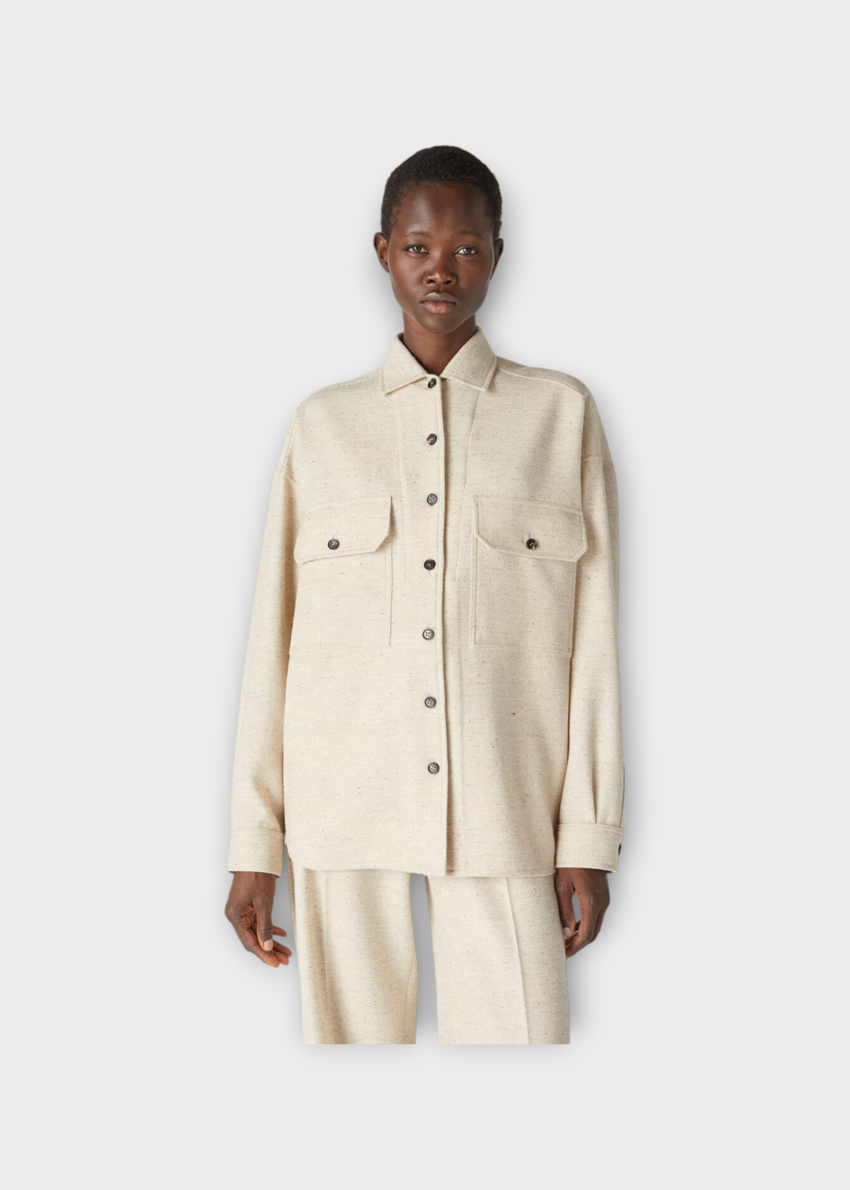 Loro Piana Loro Piana Shirt, White, Jenna Cotton Linen & Virgin Wool Collared Overshirt In Creamy Seashell w/ Patch Pockets