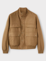 Loro Piana Loro Piana Jacket, Beige, Tristar Cashmere Flannel & Wool High Neck Bomber In Scottish Tundra Melange w/ Front Pockets