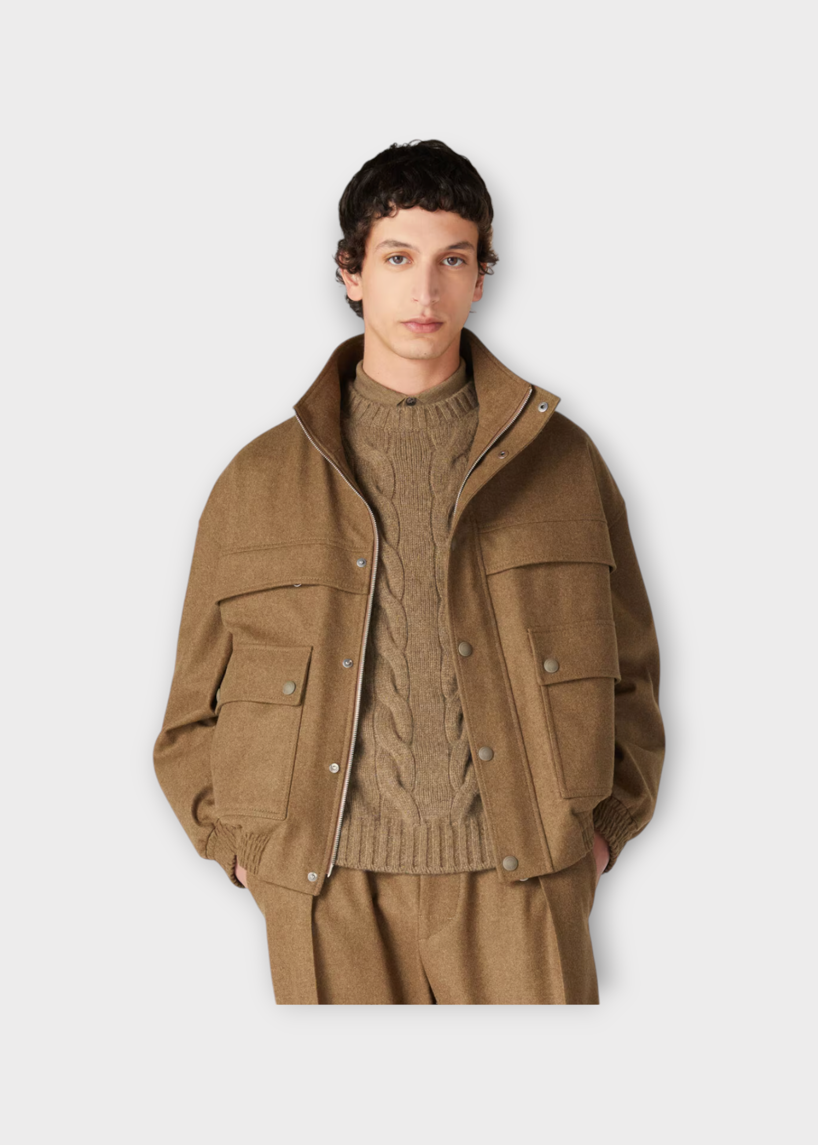 Loro Piana Loro Piana Jacket, Beige, Tristar Cashmere Flannel & Wool High Neck Bomber In Scottish Tundra Melange w/ Front Pockets
