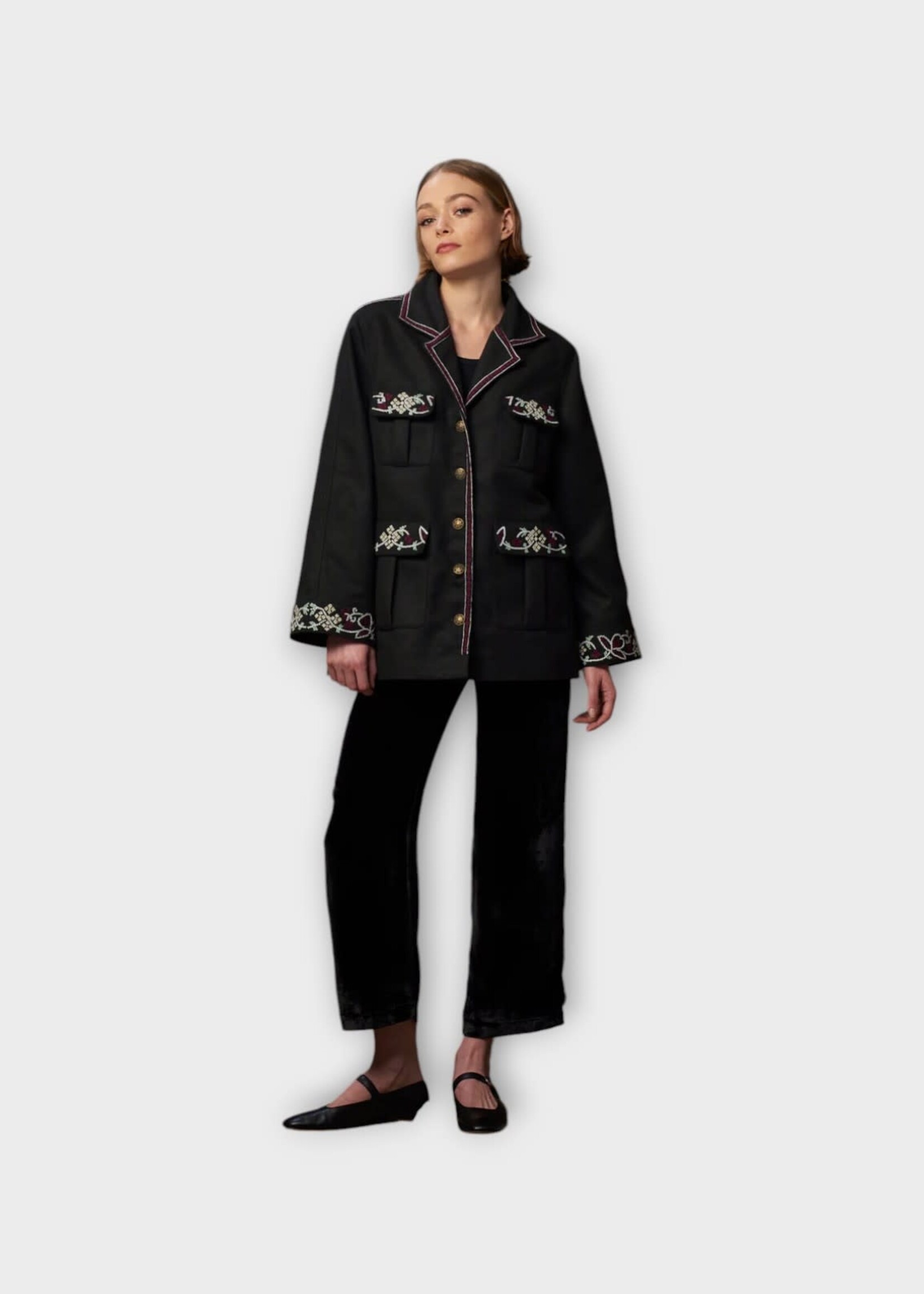 Muzungu Sisters Muzungu Sisters Jacket, Black, Dylan Wool Single Breasted Buttoned Jacket In Black w/ Hand Embroidered Motifs