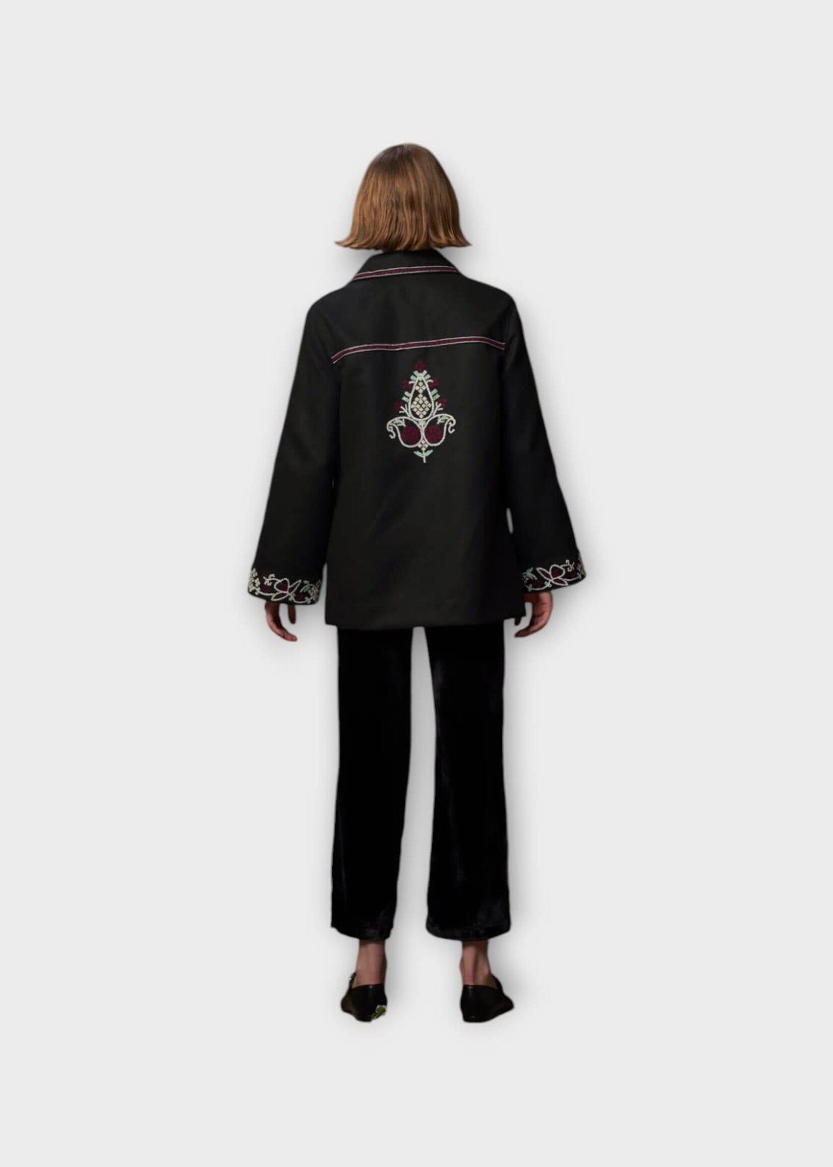 Muzungu Sisters Muzungu Sisters Jacket, Black, Dylan Wool Single Breasted Buttoned Jacket In Black w/ Hand Embroidered Motifs