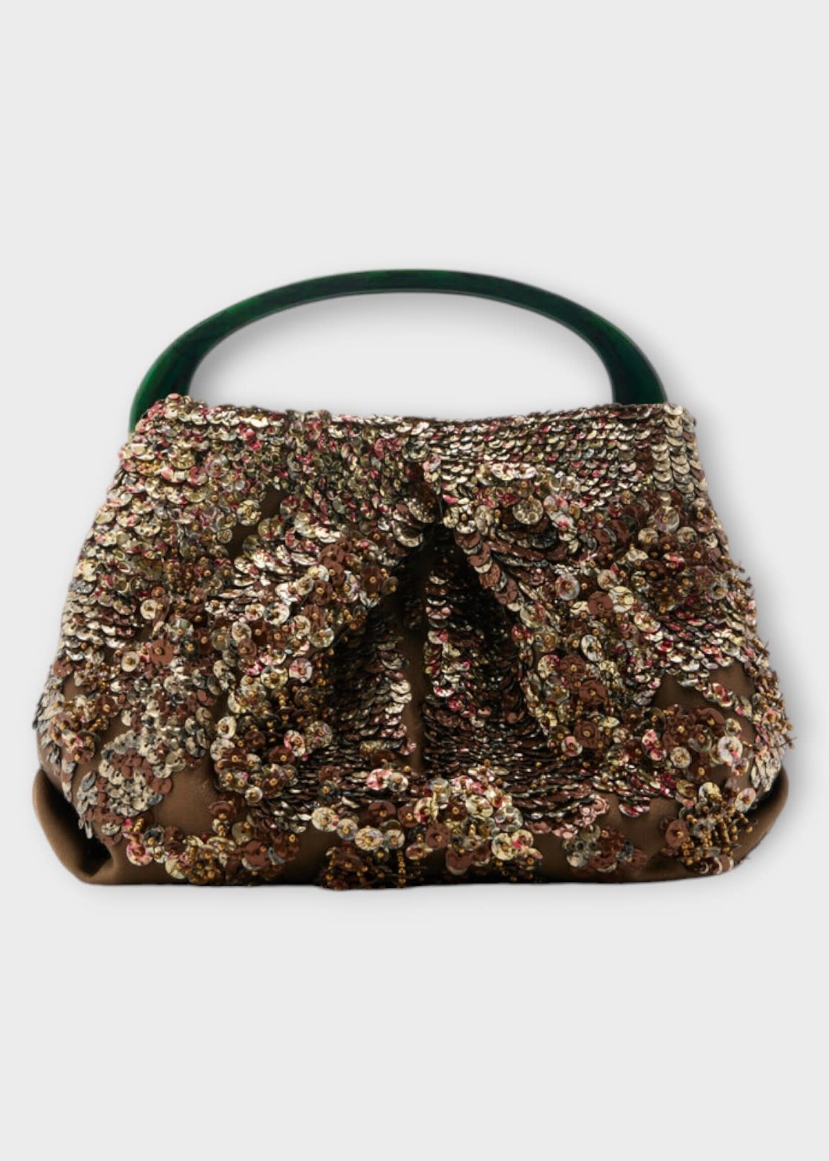 Dries Van Noten Dries Van Noten Bag, Brown, Crisp Leather & Sequins Top Handle Hand Bag In Brown w/ Embellishments & Green Top Handle