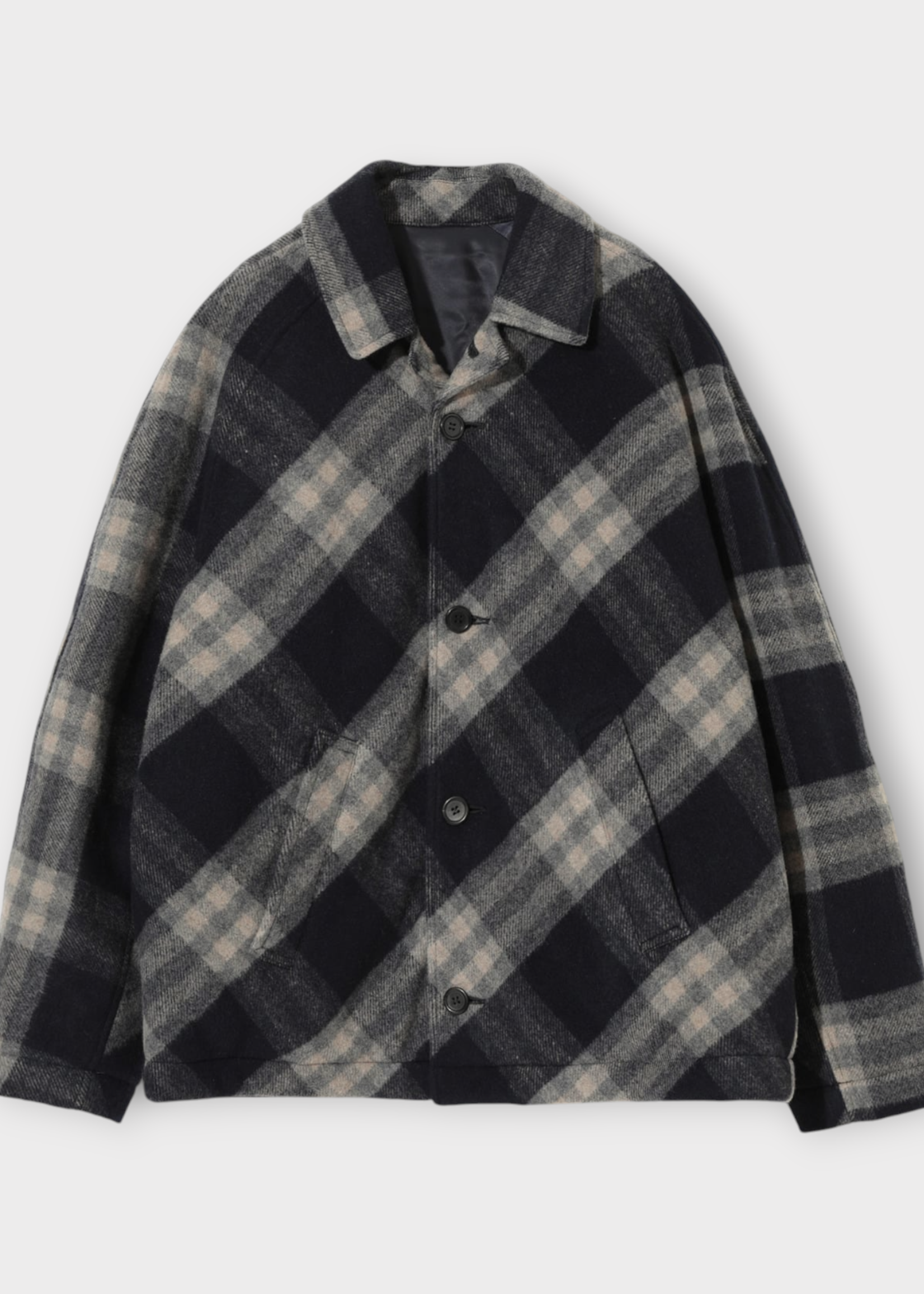 Undercover Undercover Jacket, Print, Wool Mix Collared Button Jacket in Navy w/ Check Print