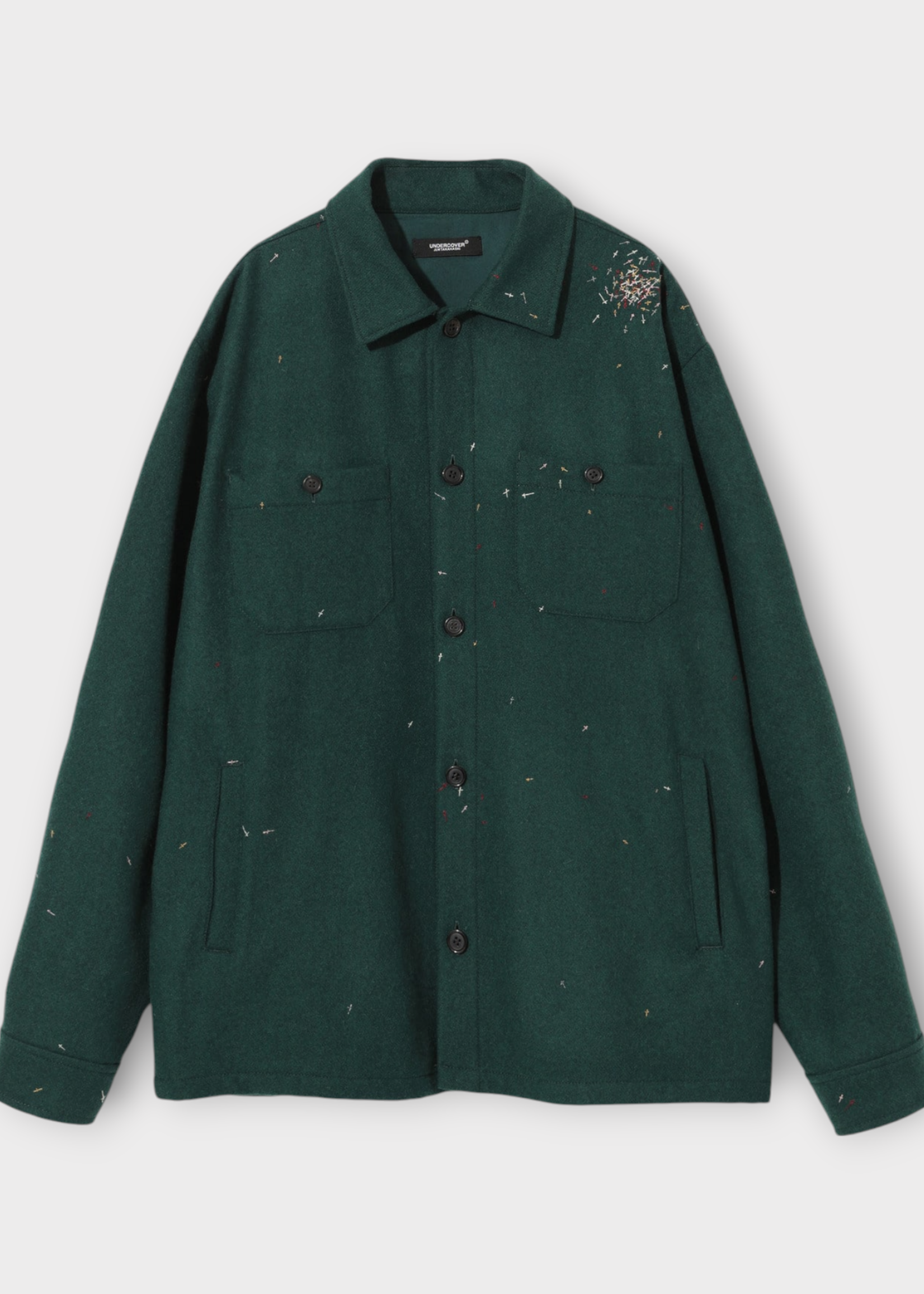 Undercover Undercover Shirt, Green, Wool Mix Straight Cut Overshirt in Green w/ All Over Cross Embroidery