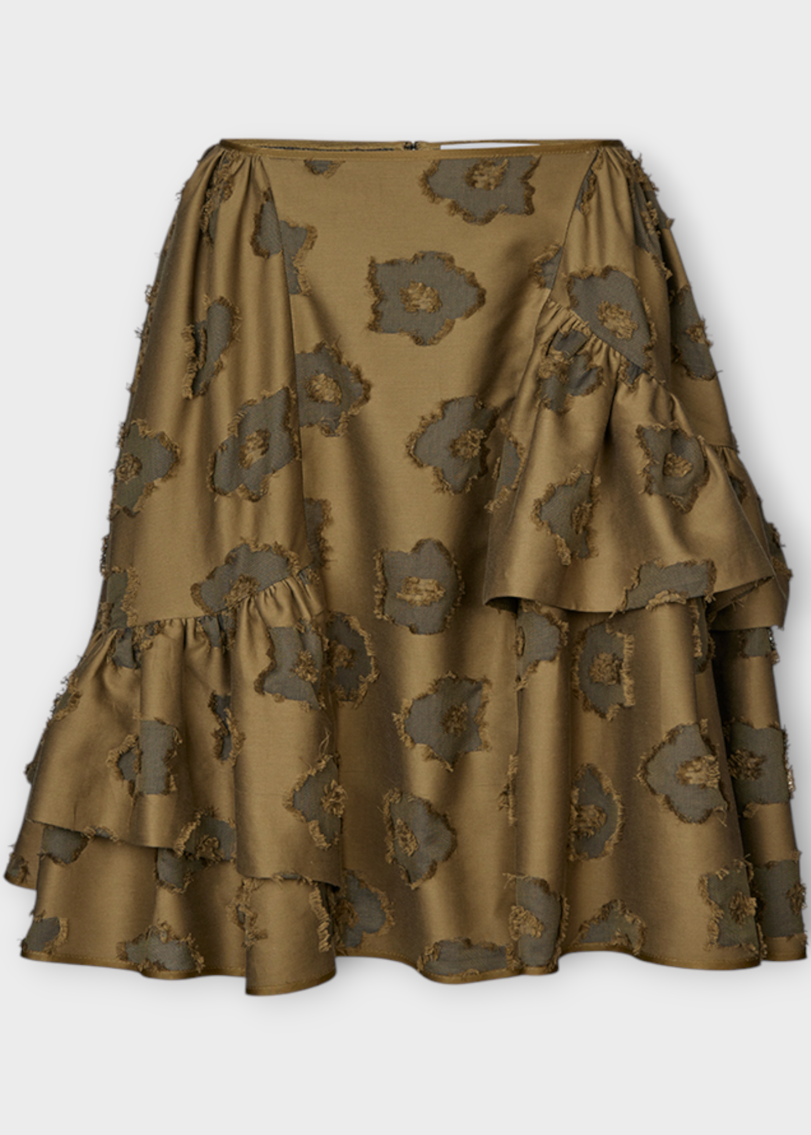 Cecilie Bahnsen Cecilie Bahnsen Skirt, Green, Vanilla Fil-Coupé Short Skirt In Olive w/ Asymmetrical Ruffle Details