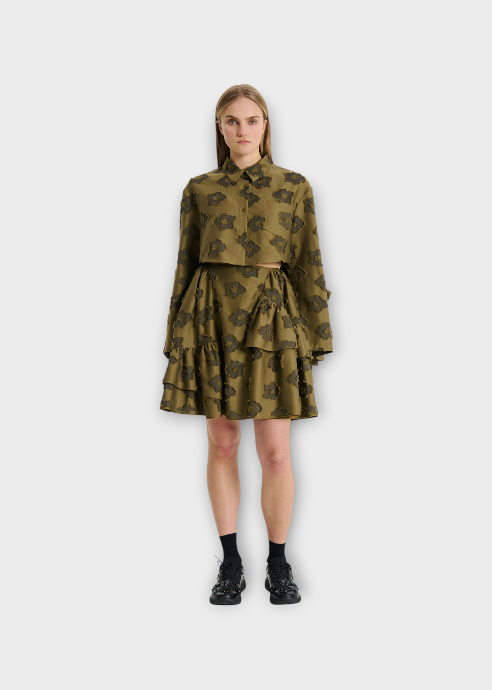 Cecilie Bahnsen Cecilie Bahnsen Skirt, Green, Vanilla Fil-Coupé Short Skirt In Olive w/ Asymmetrical Ruffle Details