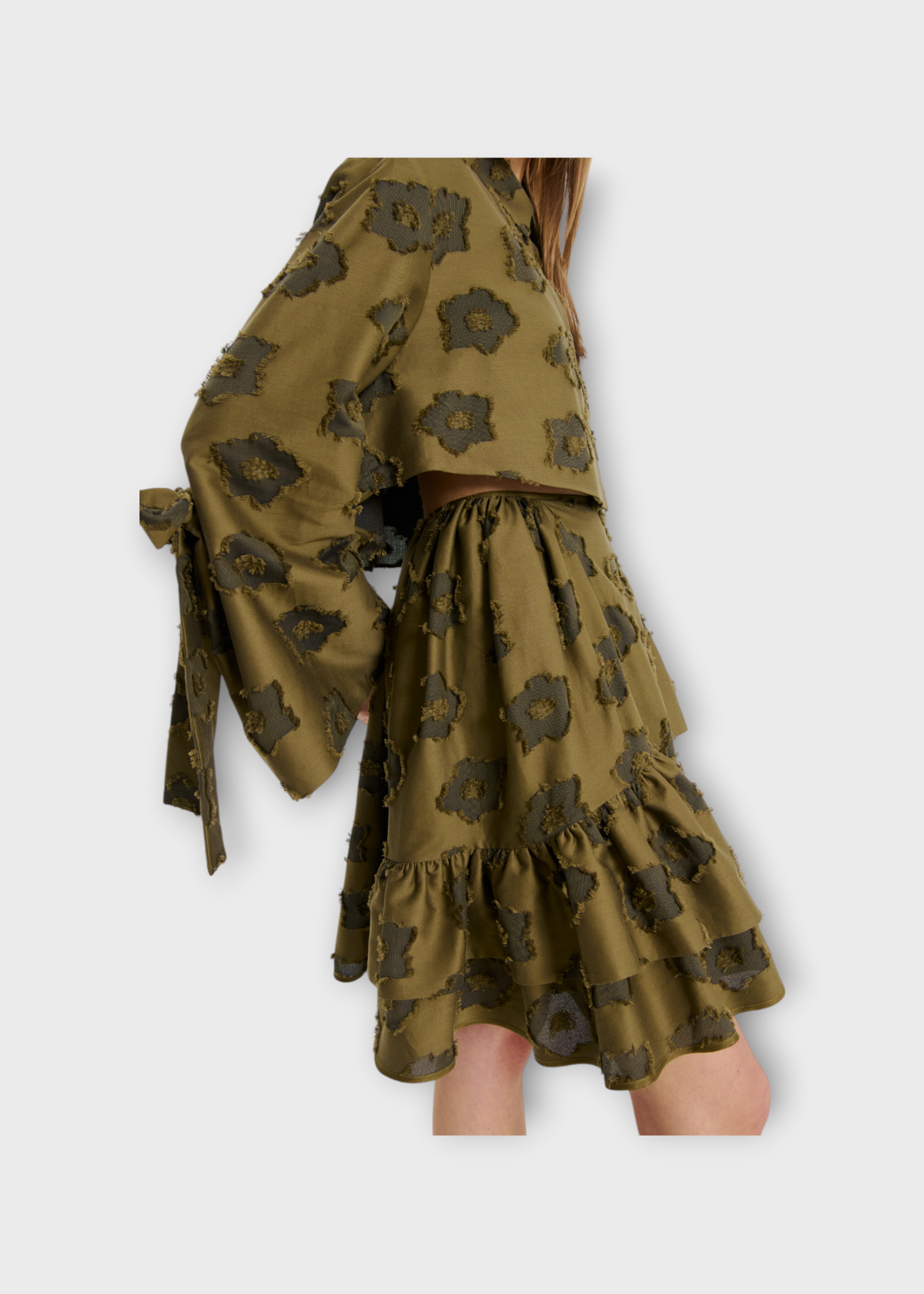 Cecilie Bahnsen Cecilie Bahnsen Skirt, Green, Vanilla Fil-Coupé Short Skirt In Olive w/ Asymmetrical Ruffle Details