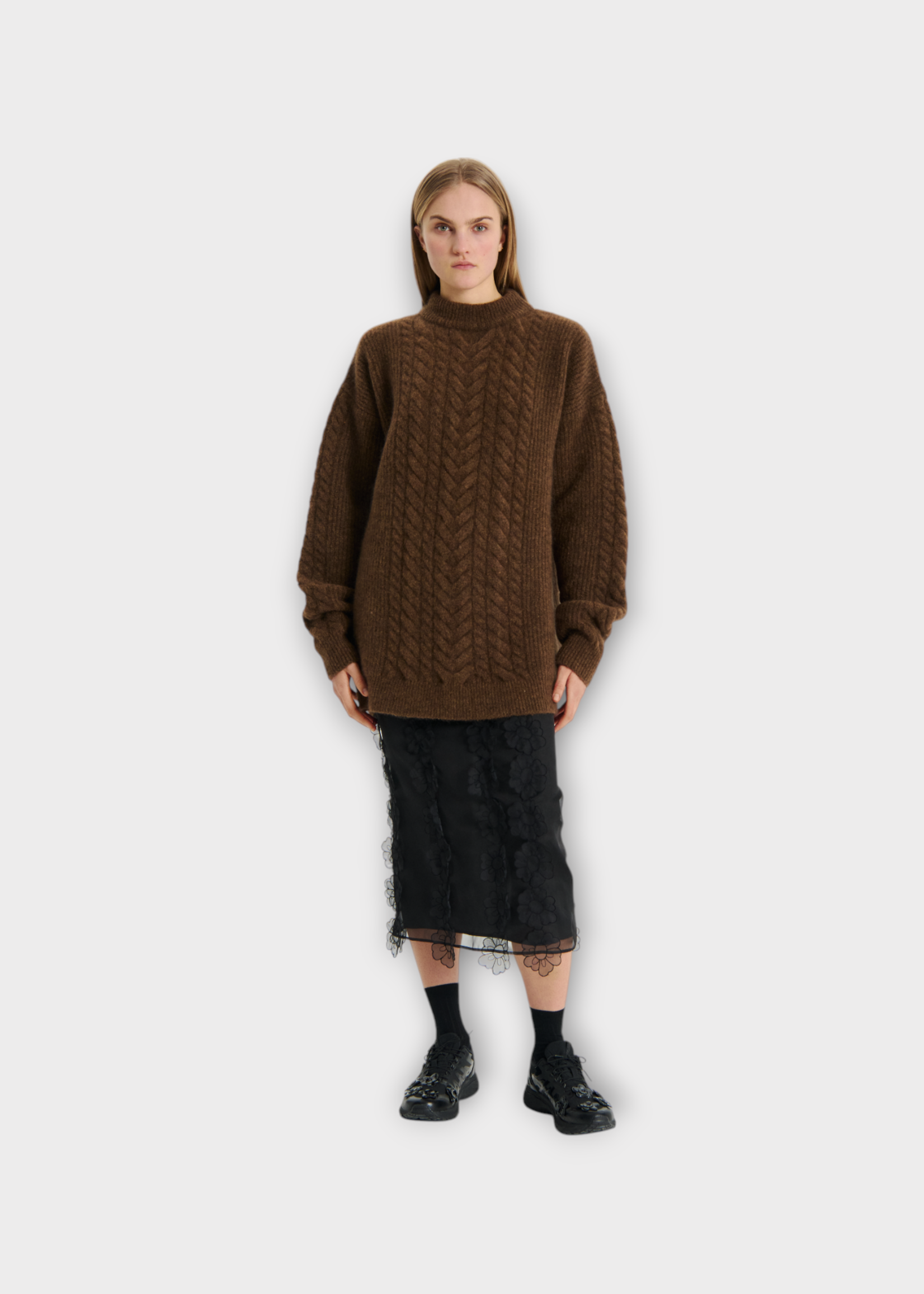 Cecilie Bahnsen Cecilie Bahnsen Knitwear, Brown, Anette Wool Mix Oversized Cable Knit Jumper In Fall Brown