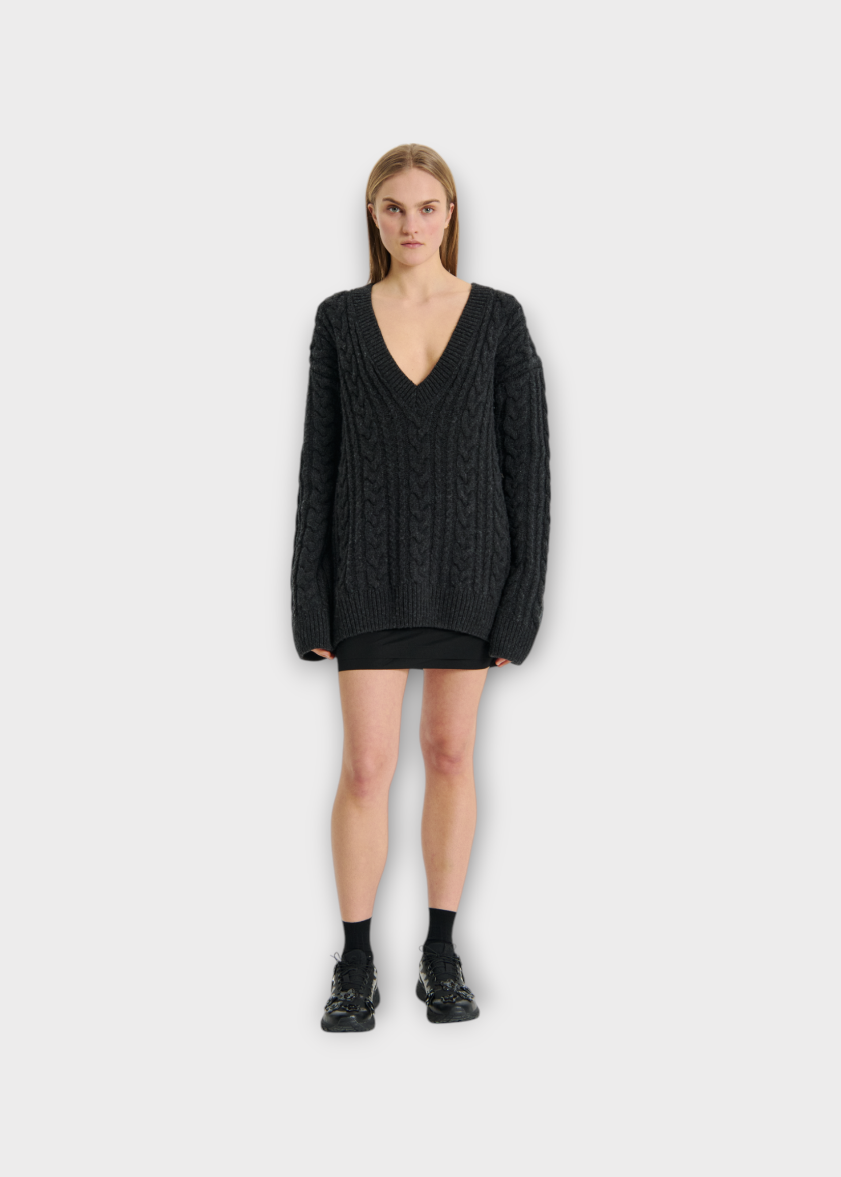 Cecilie Bahnsen Cecilie Bahnsen Knitwear, Grey, Alia Fisherman Knit V-Neck Jumper in Charcoal Grey
