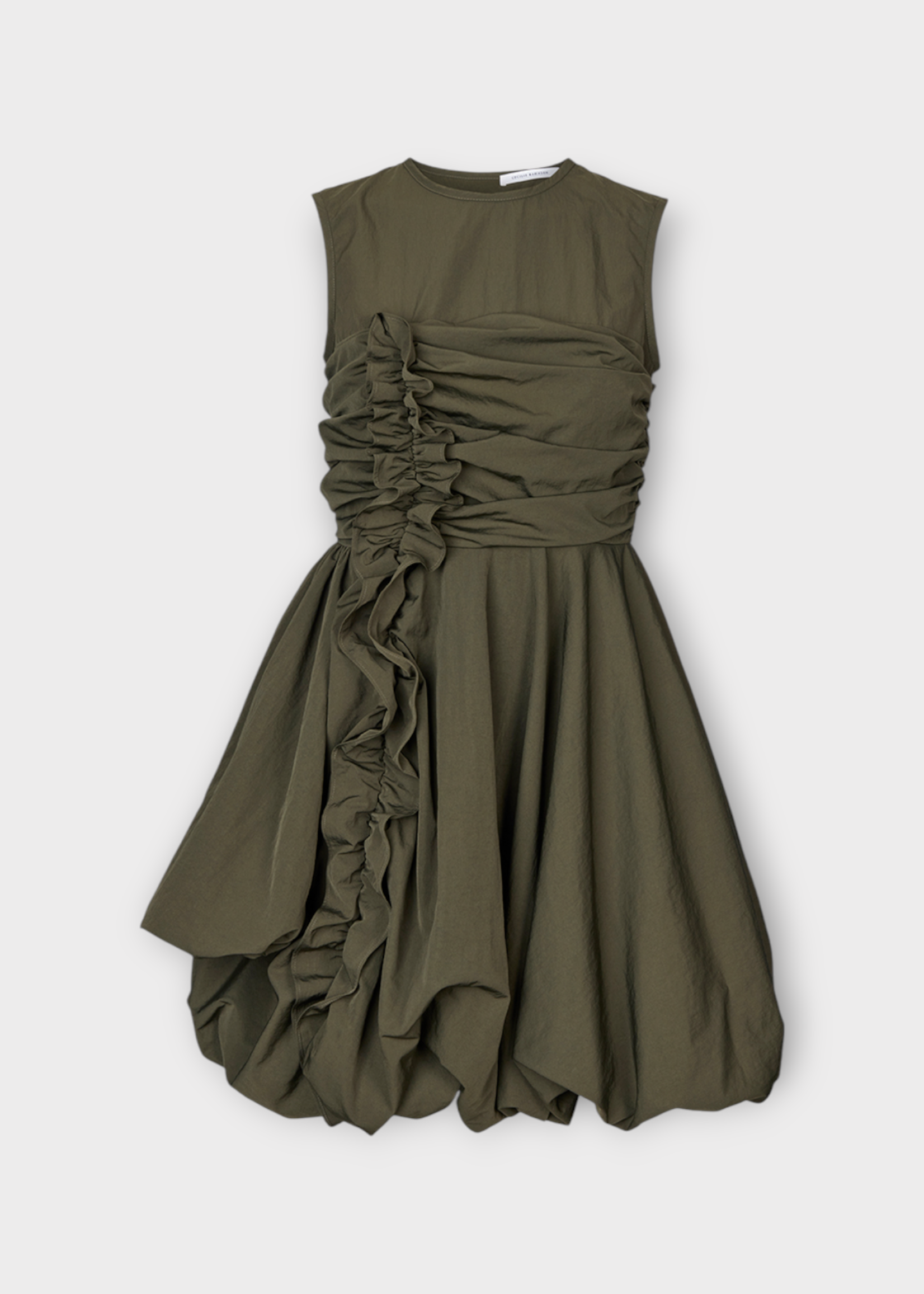 Cecilie Bahnsen Cecilie Bahnsen Dress, Grey, Olivia Recycled Taffeta Sleeveless Ruffle Detailed Dress In Grey Olive w/ Balloon Peplum