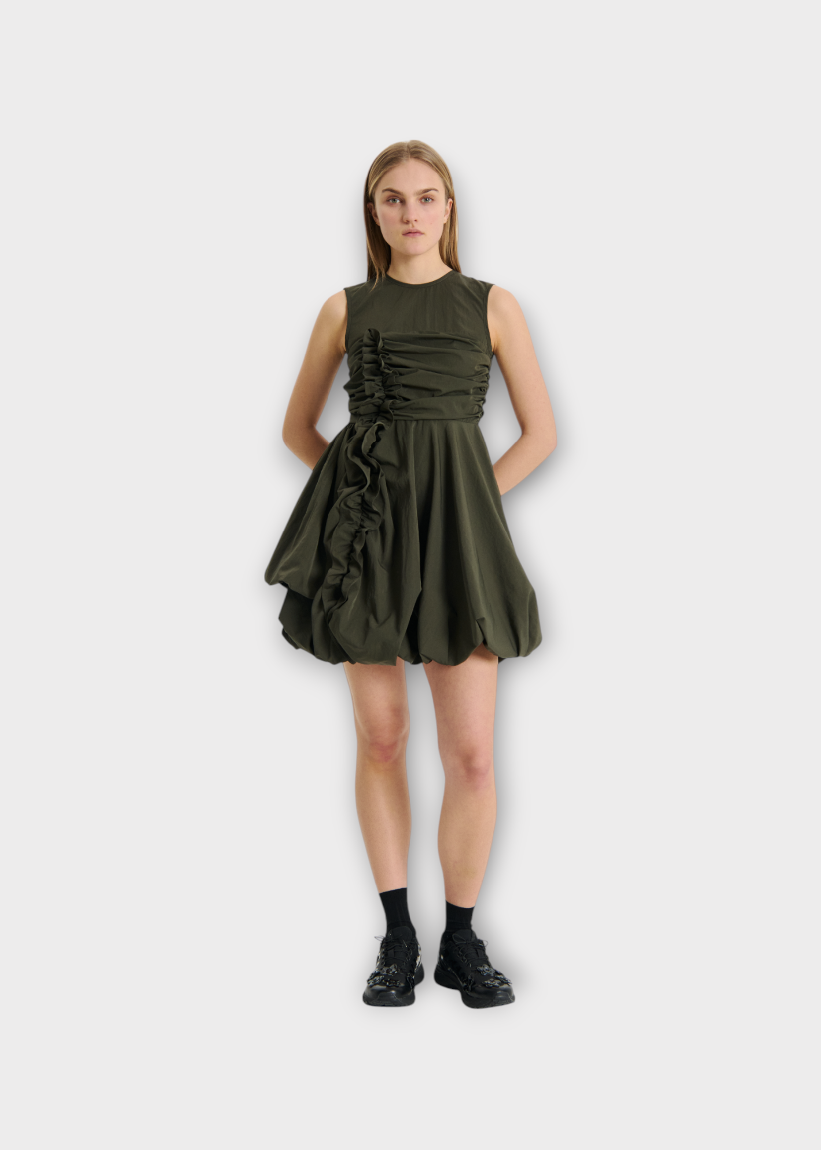 Cecilie Bahnsen Cecilie Bahnsen Dress, Grey, Olivia Recycled Taffeta Sleeveless Ruffle Detailed Dress In Grey Olive w/ Balloon Peplum