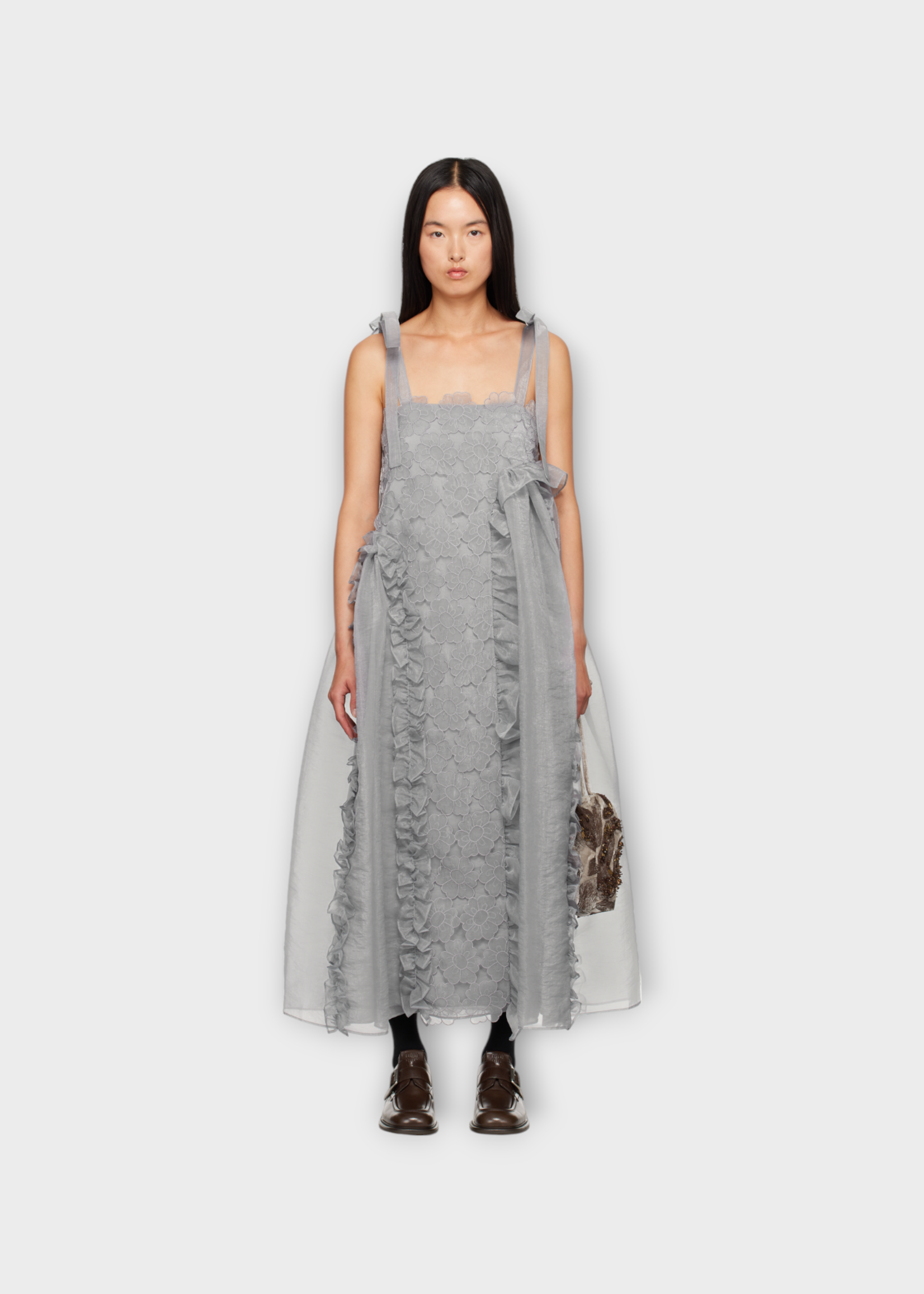 Cecilie Bahnsen Cecilie Bahnsen Dress, Grey, Oswald Embroidered Shifty Strap Dress In Grey w/ Ruffle Details