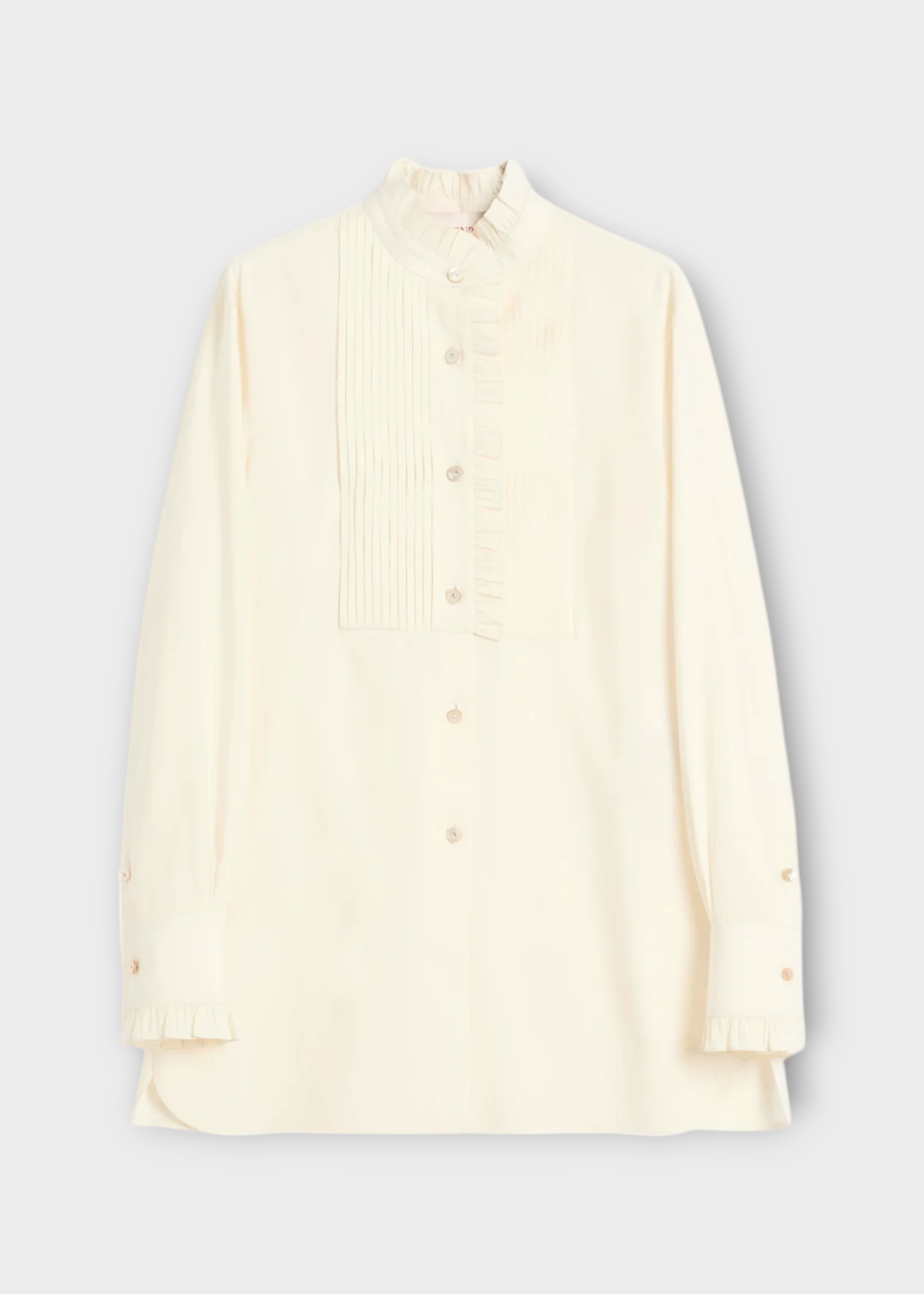 Valentino Valentino Shirt, White, Silk High Neck Collar Frill Chest Button Up Shirt In Nude