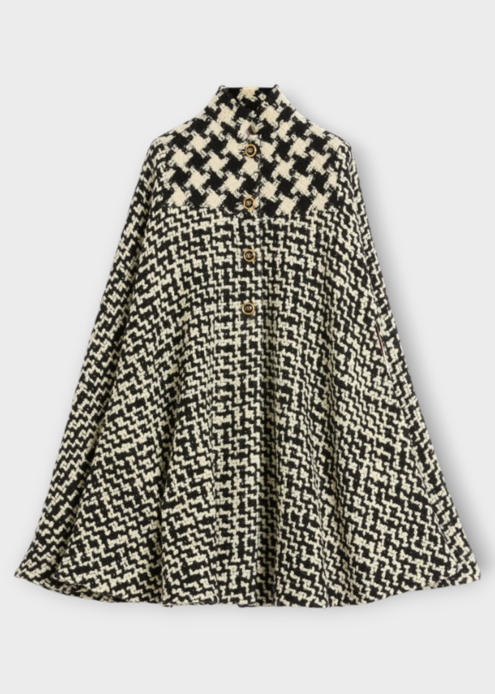 Valentino Valentino Coat, Multi, Wool Houndstooth Geometric Tweed High Neck Button Up Cape In Ivory & Black