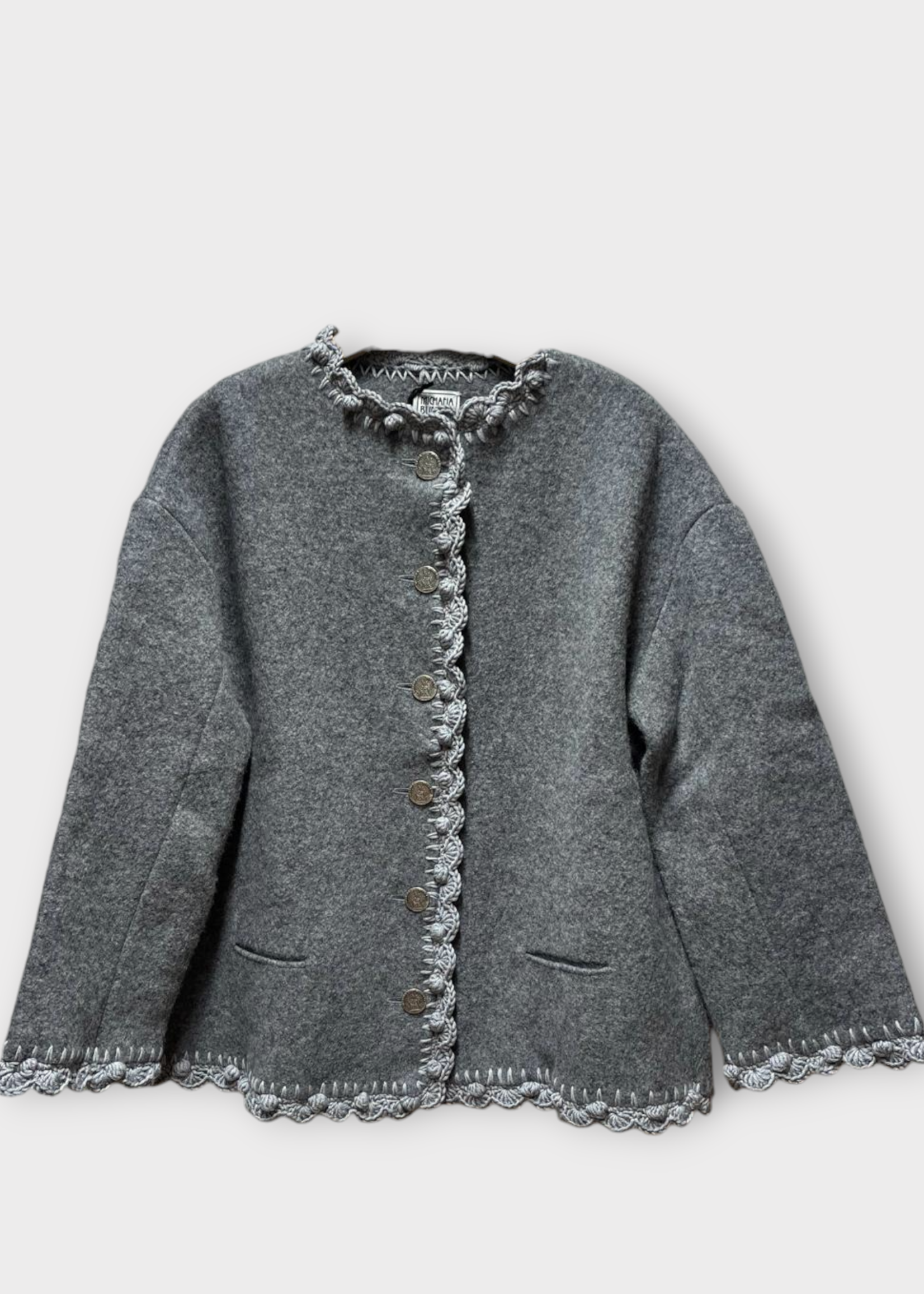 Michaela Buerger Michaela Buerger Jacket, Grey, Ottilie Wool Crew Neck Jacket In Grey w/ Embroidered Hem