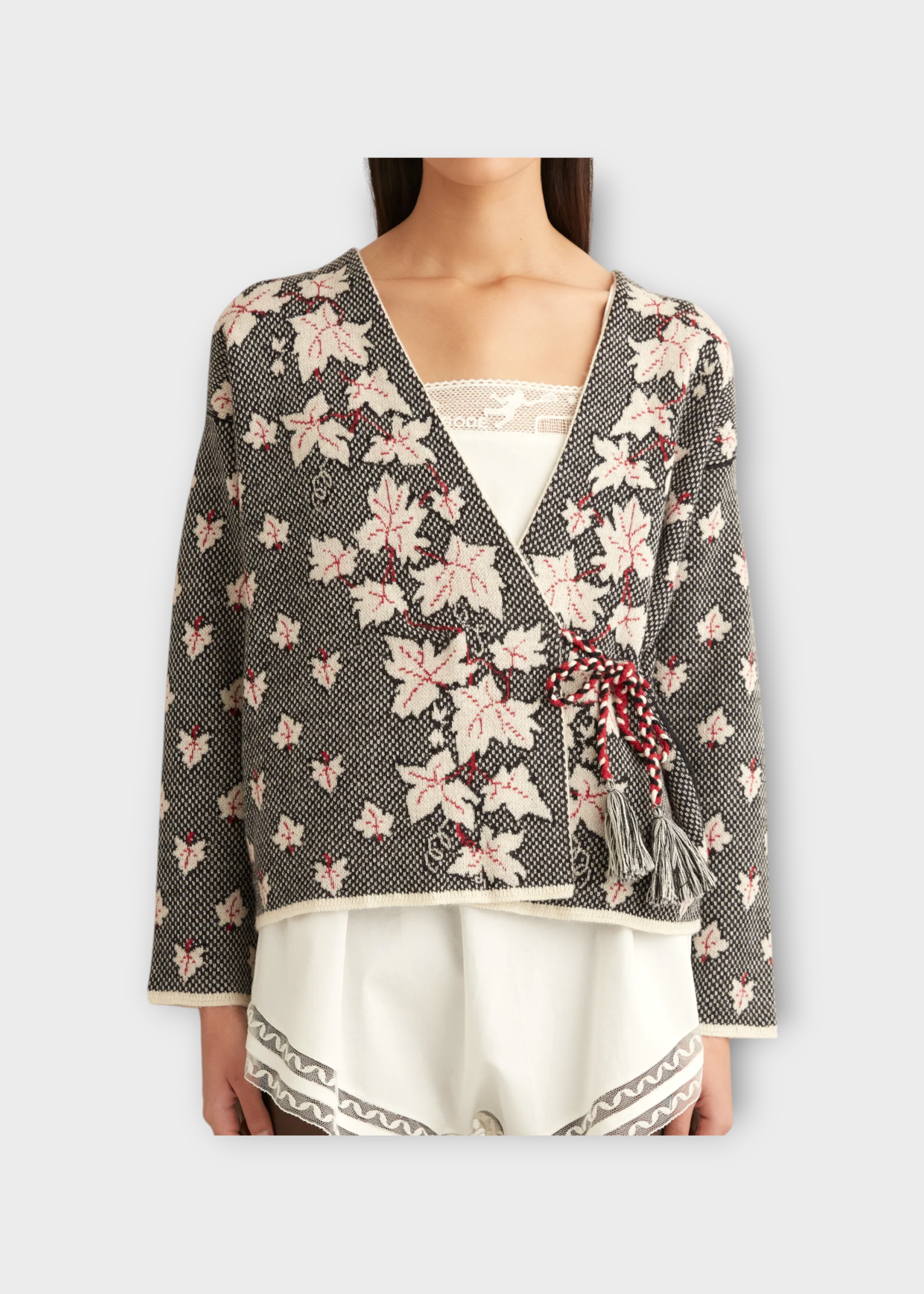 Bode Bode Knitwear, Multi, Baby Alpaca Maple Jacquard Cardigan In Multi w/ Leaves Pattern & Front Ties